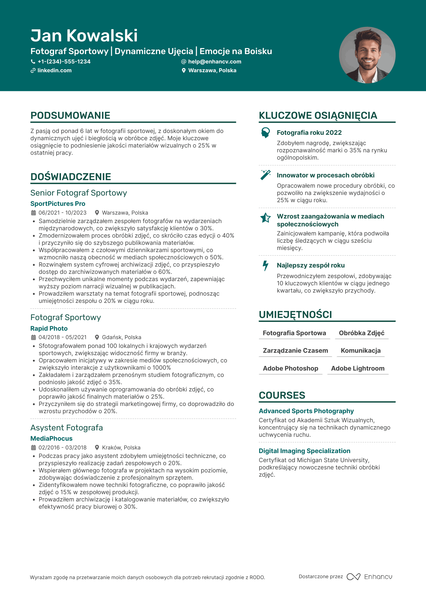 CV dla Fotograf sportowy Resume Example