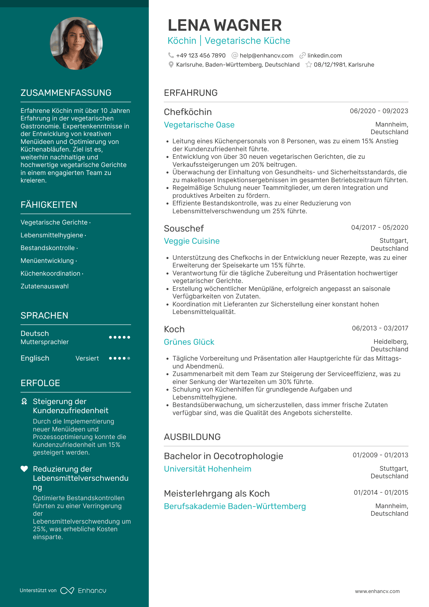 Lebenslauf als Koch in einem vegetarischen Restaurant Resume Example