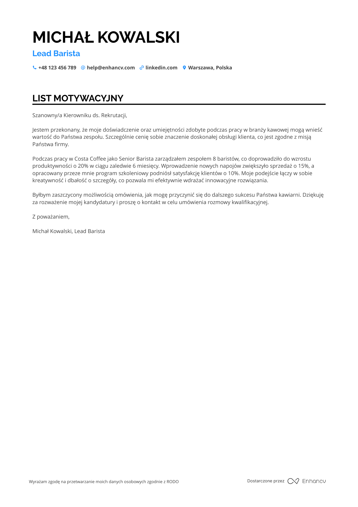 List motywacyjny dla Lead Barista Resume Example