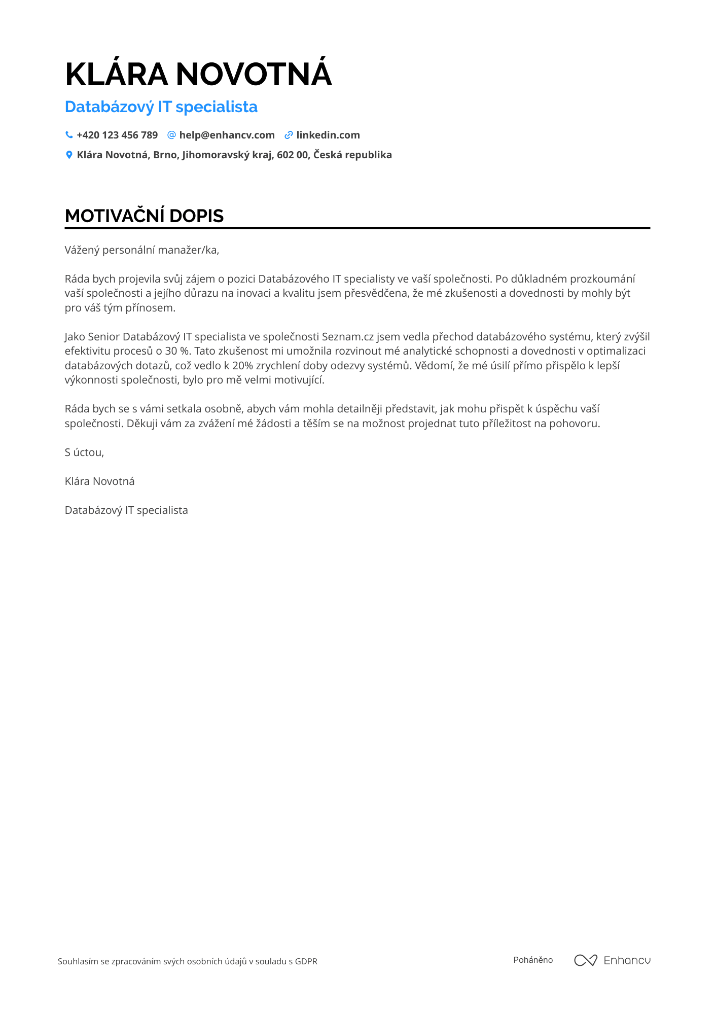 Motivační dopis pro Databázový IT specialista Resume Example