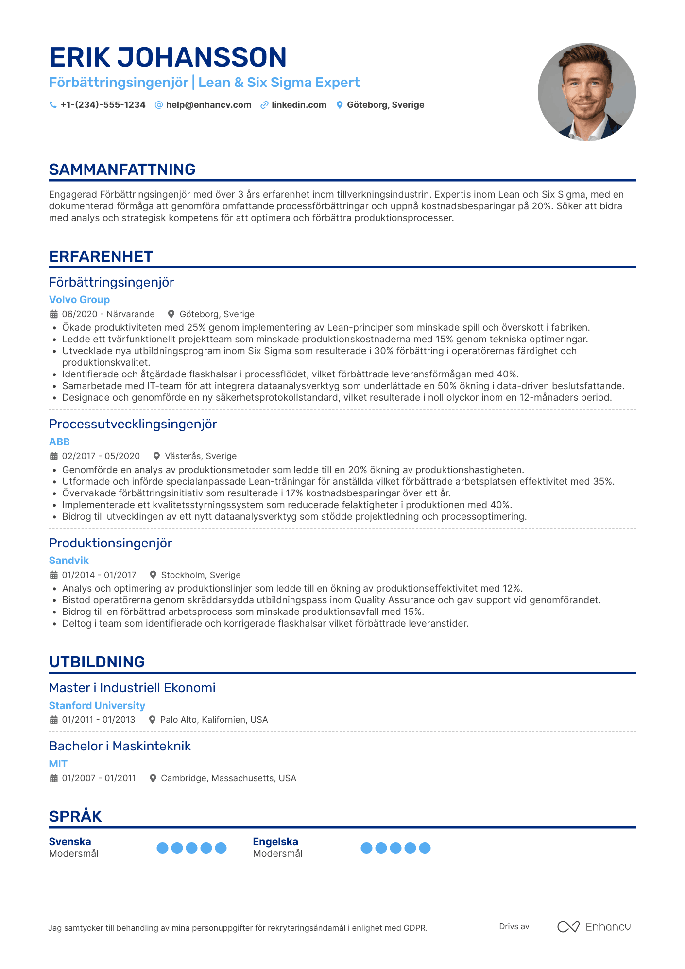 CV för Förbättringsingenjör Resume Example