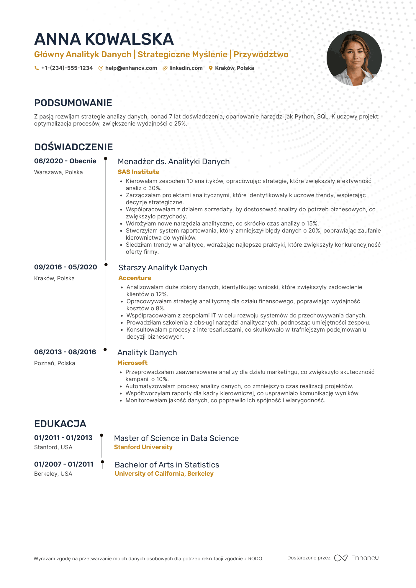 CV dla Główny Analityk Danych Resume Example