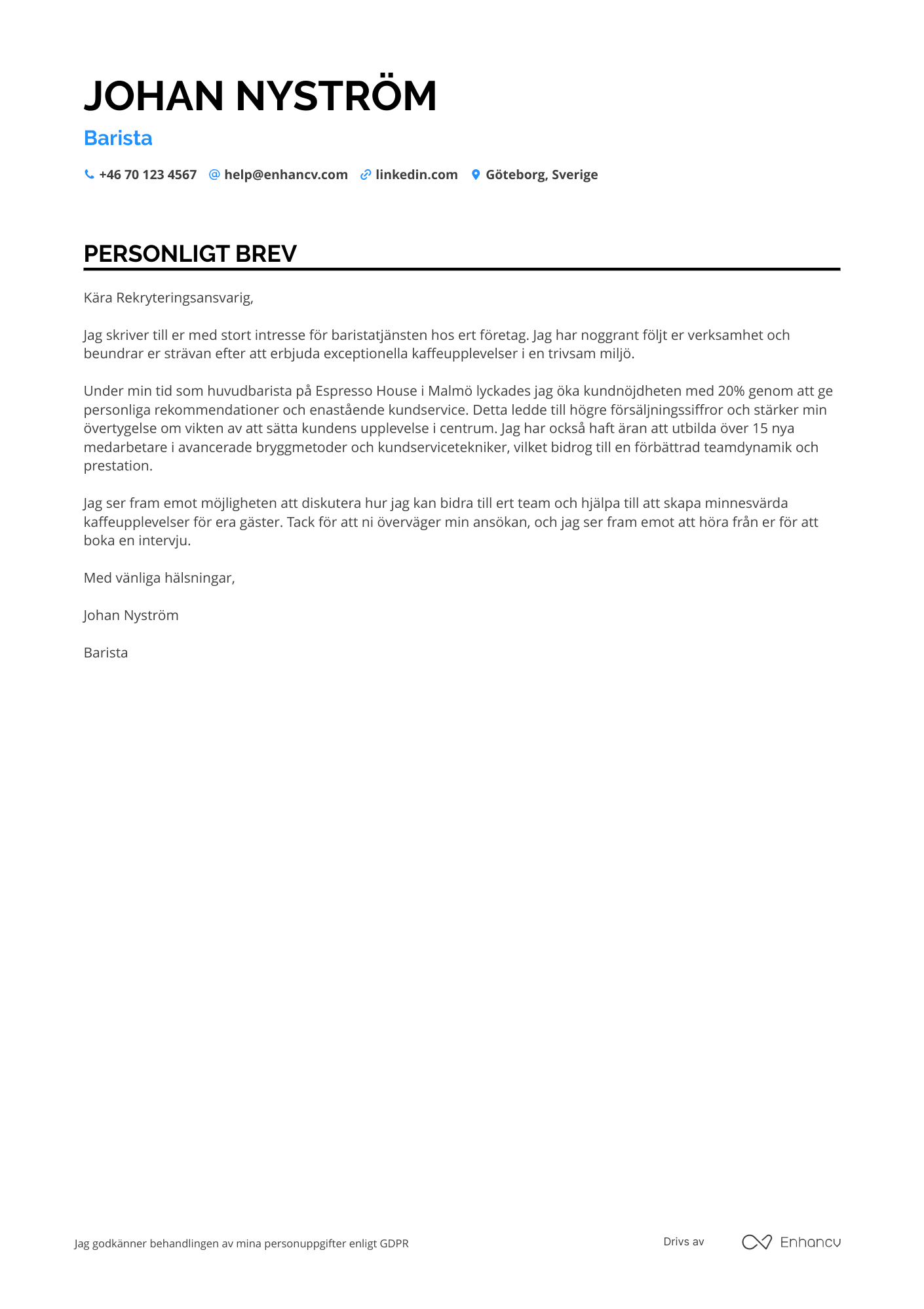 Personligt brev för Hotel Barista Resume Example