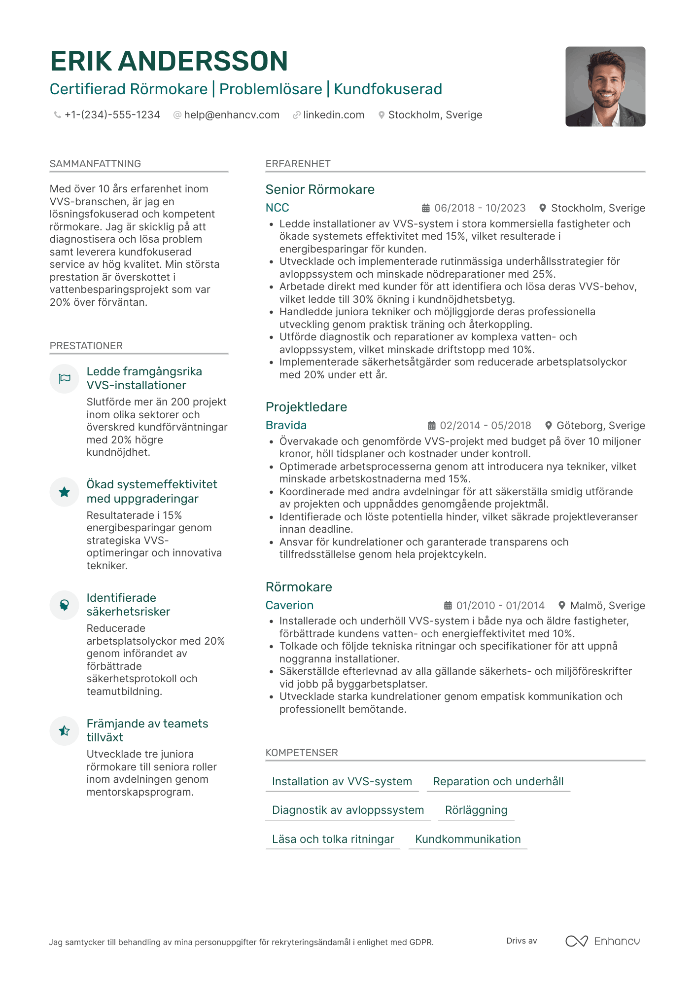 CV för Rörmokare inom VVS Resume Example