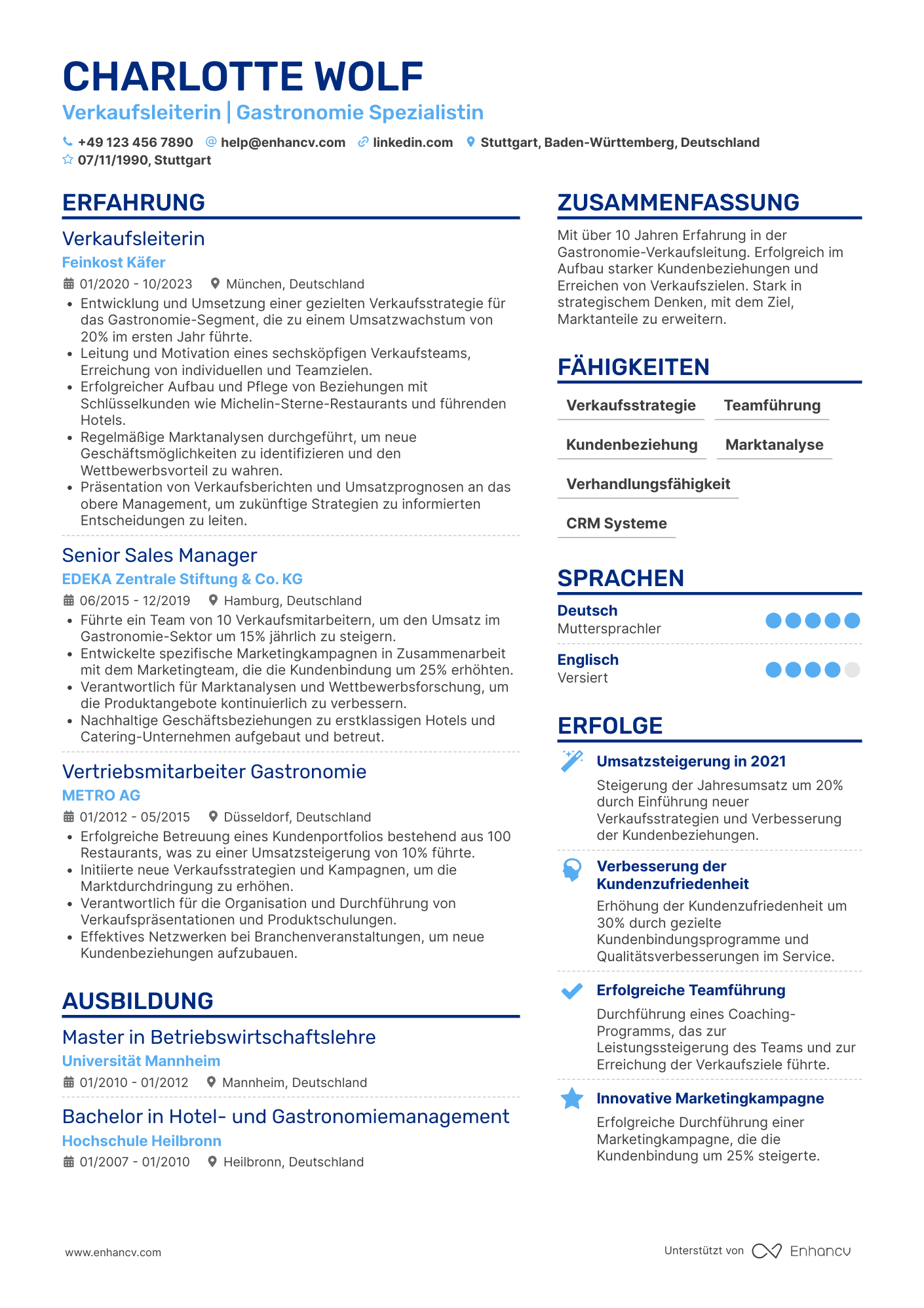 Lebenslauf als Gastronomie Verkaufsleiter Resume Example