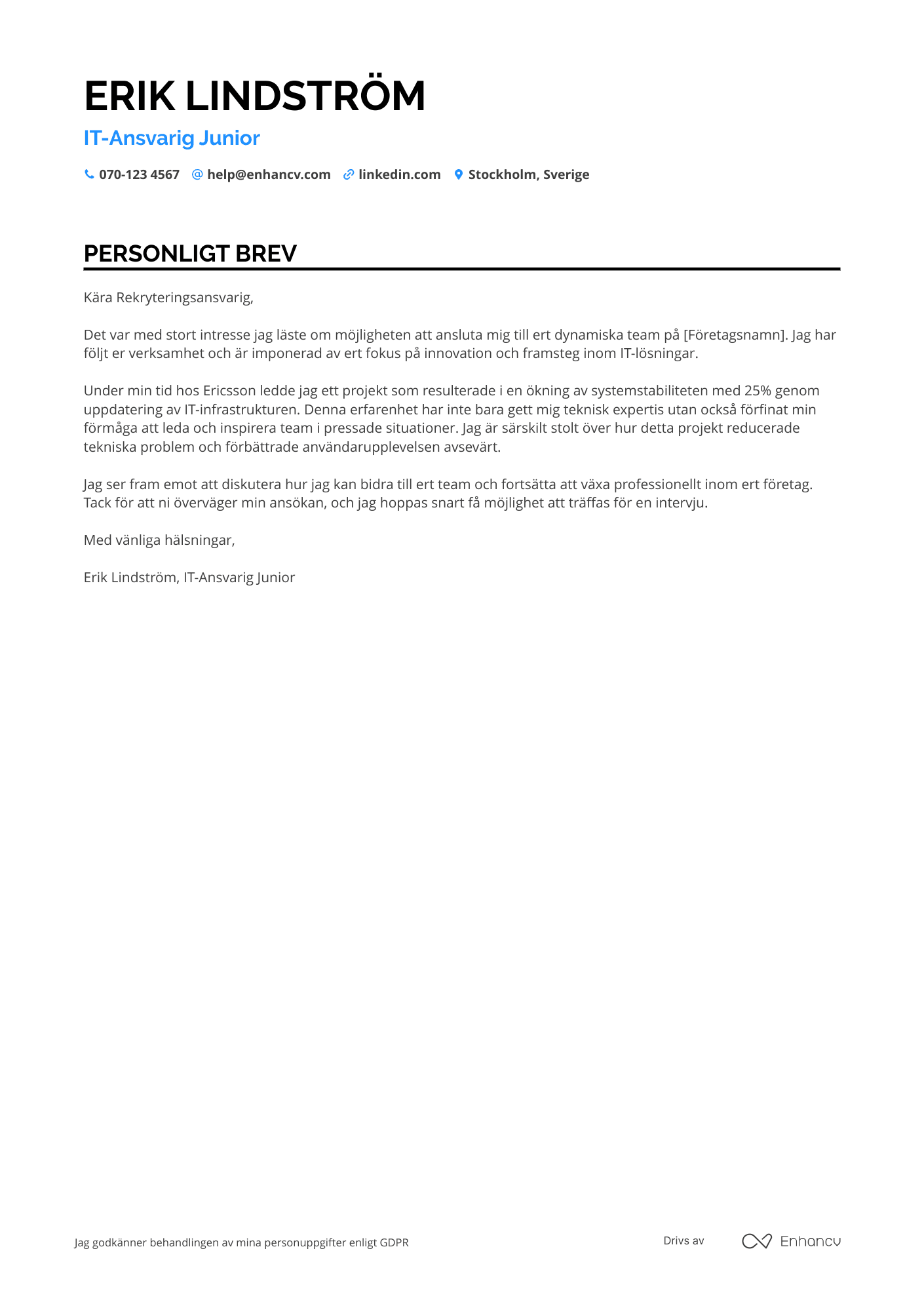 Personligt brev för IT Ansvarig Junior Resume Example