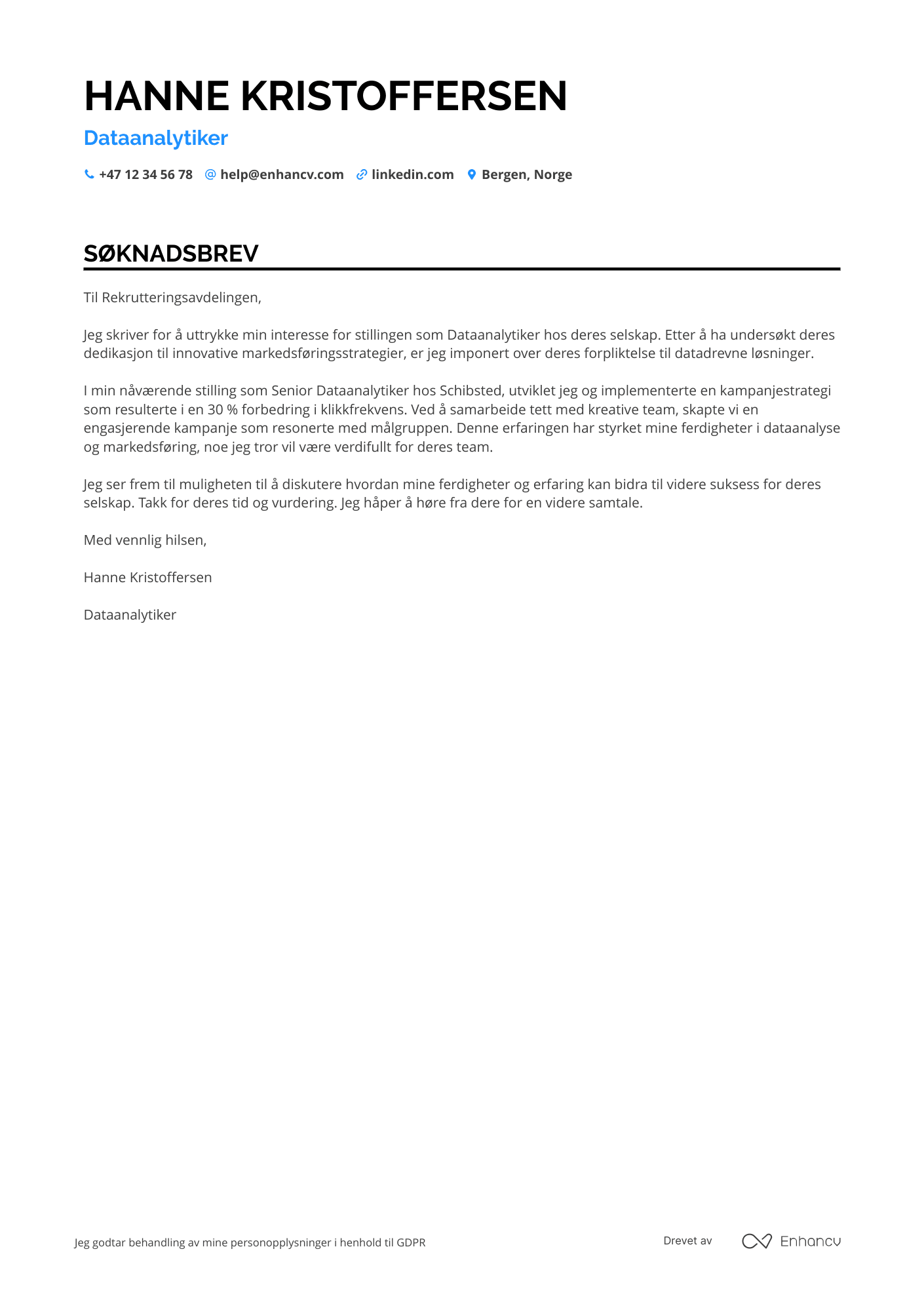 Søknadsbrev for Markedsføring Dataanalytiker Resume Example