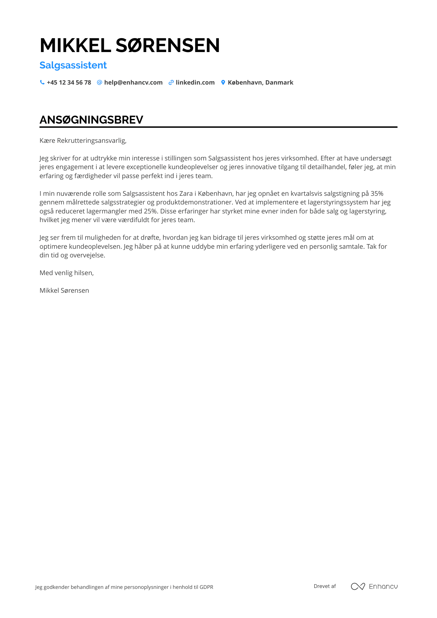 Ansøgningsbrev til Erfaren Salgsassistent Resume Example