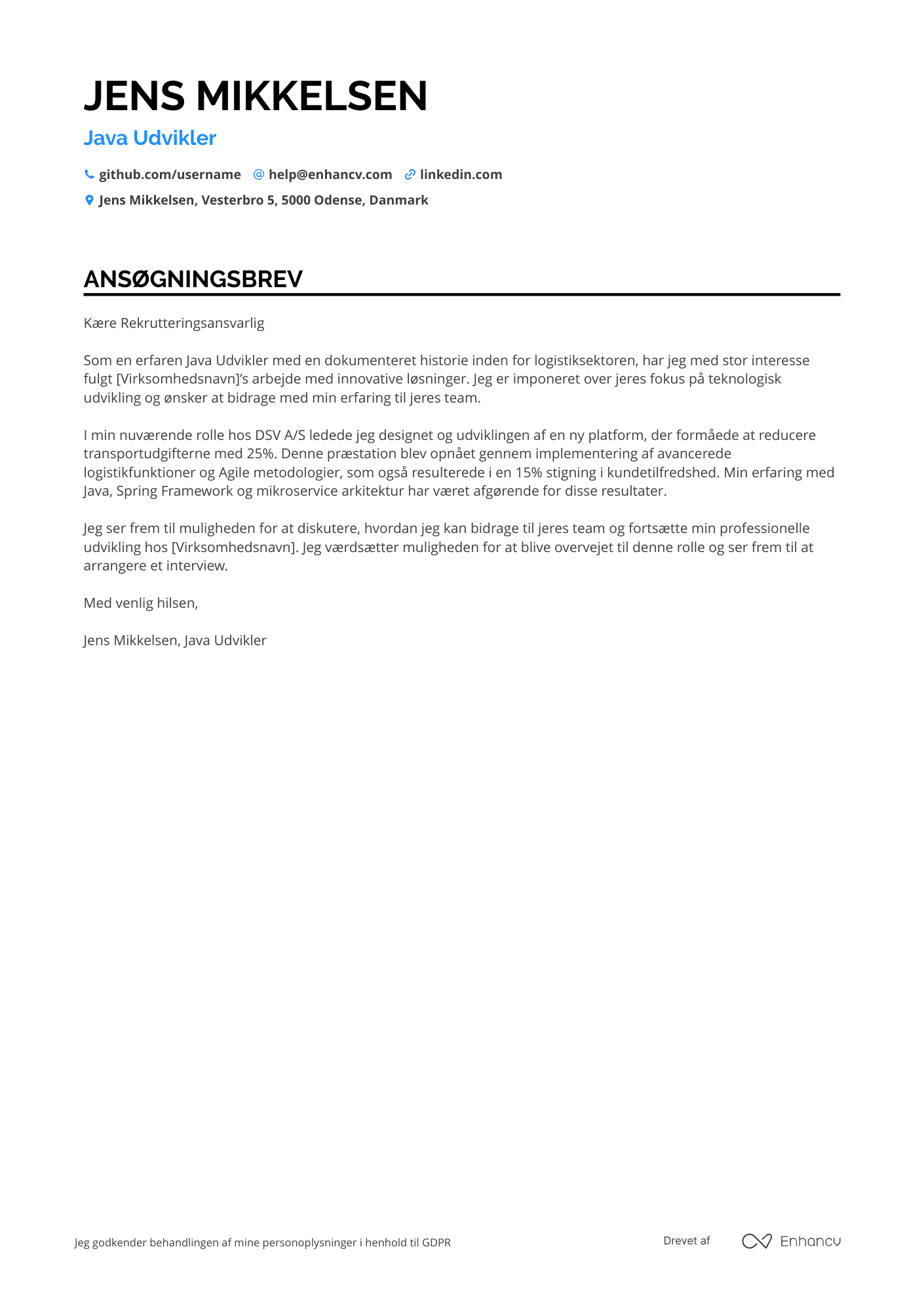 Ansøgningsbrev til Java Udvikler i logistikbranchen Resume Example