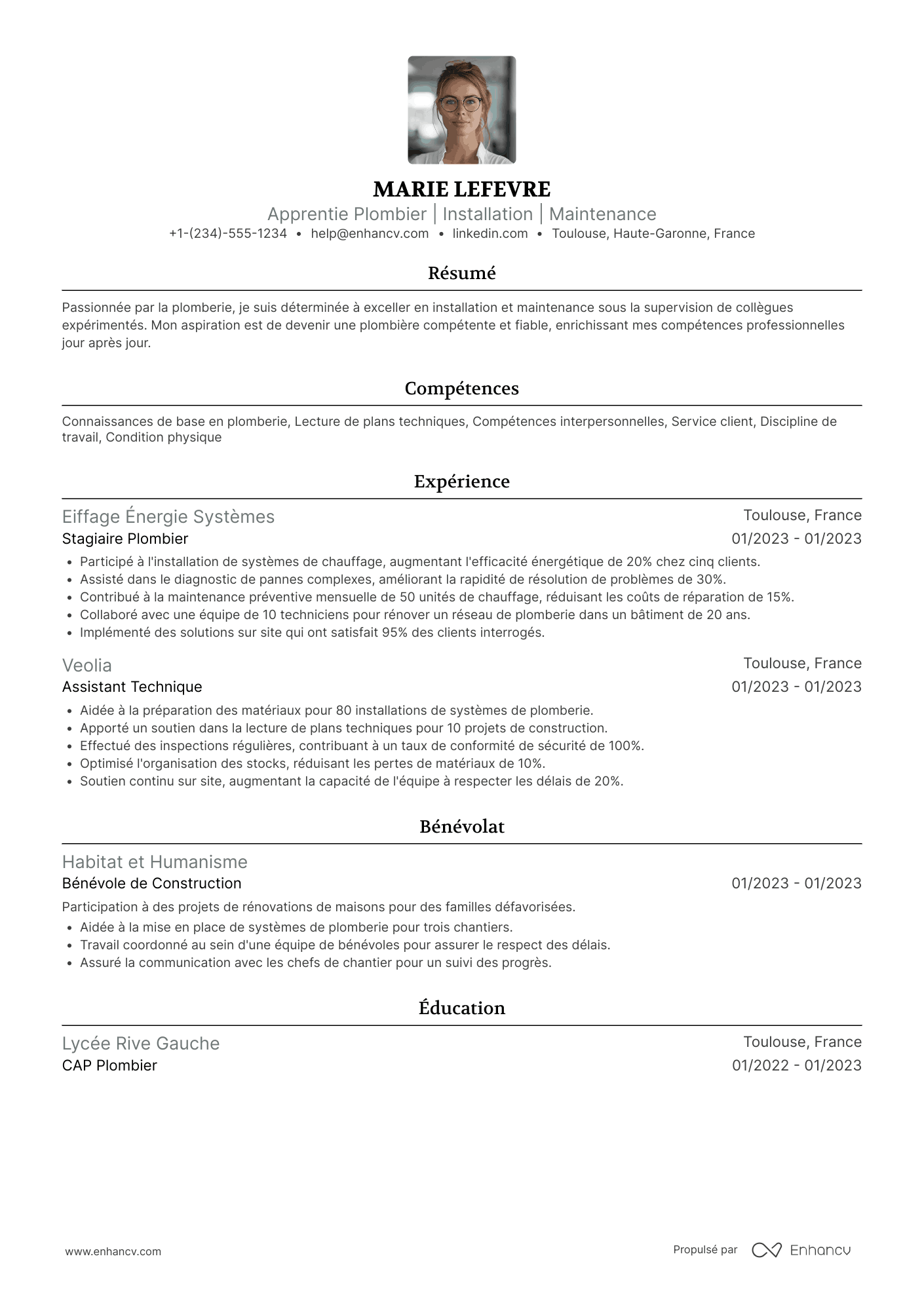 Exemple de CV d’apprenti plombier Resume Example