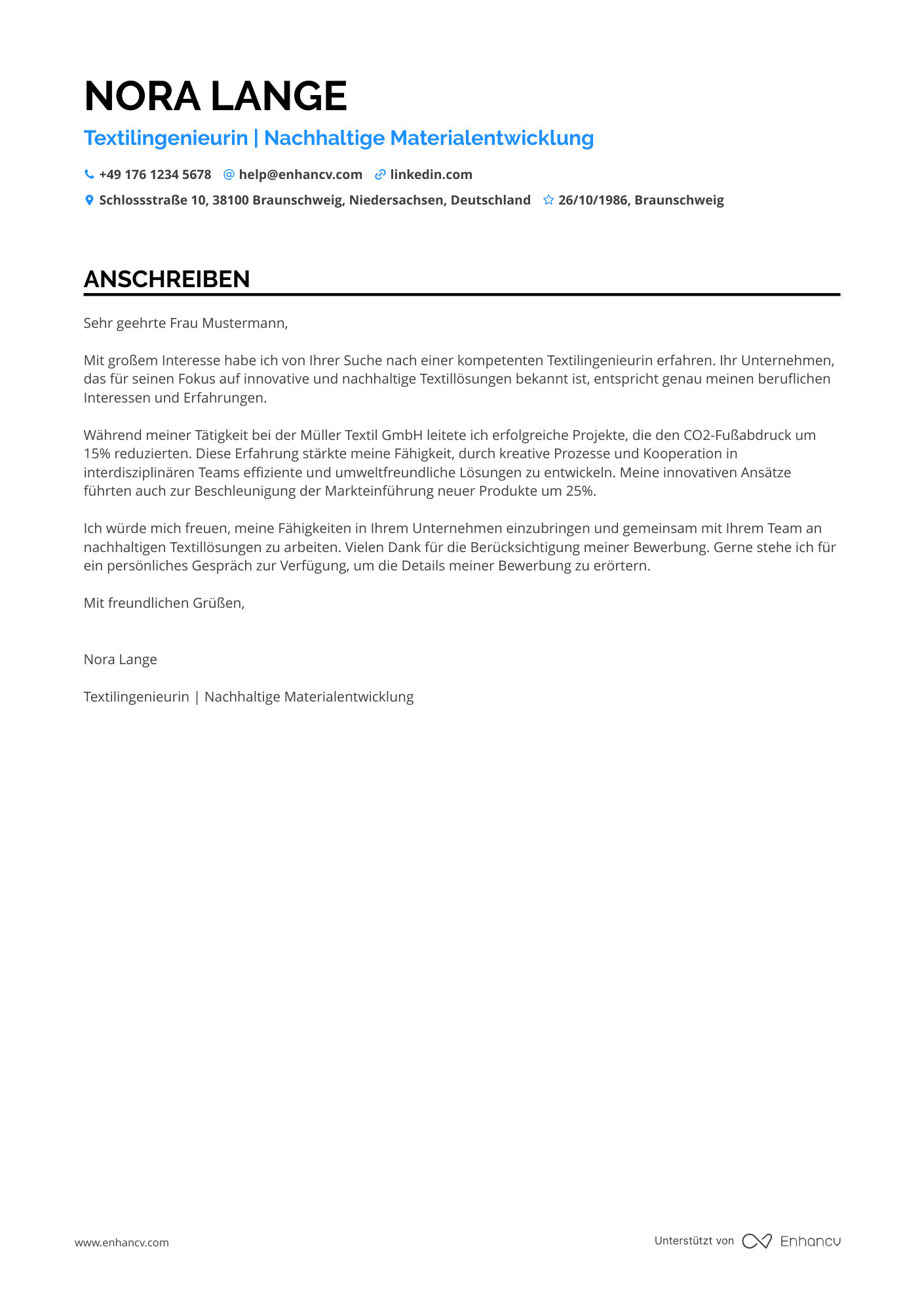 Ingenieur für Textilindustrie Resume Example