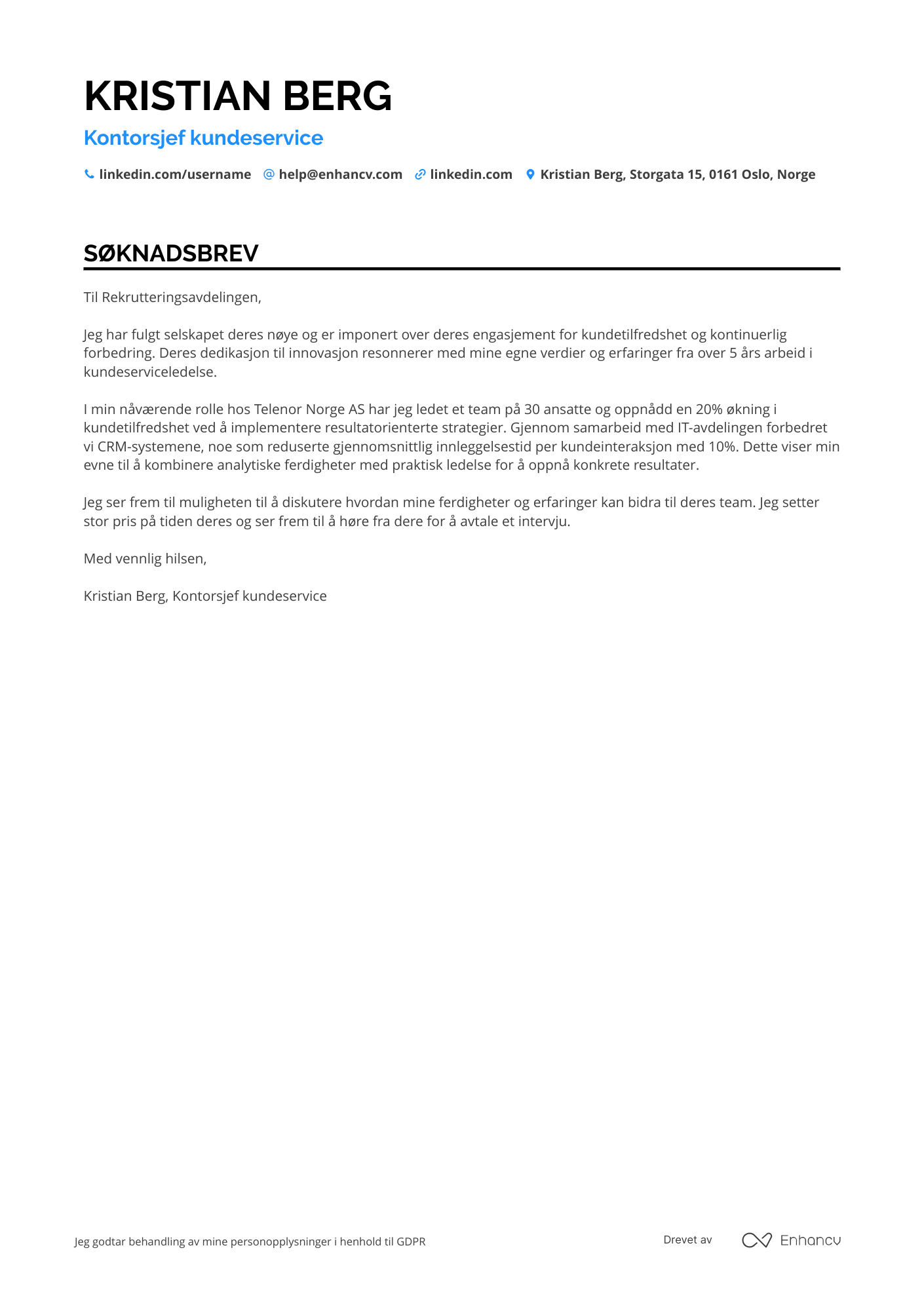Søknadsbrev for Kontorsjef kundeservice Resume Example