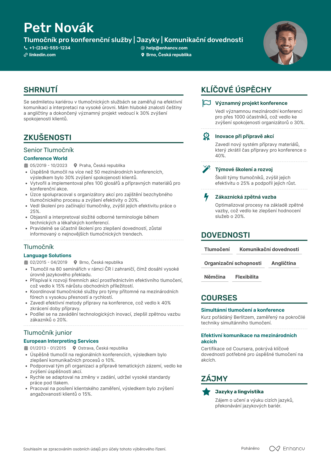 Životopis pro Tlumočník pro konferenční služby Resume Example