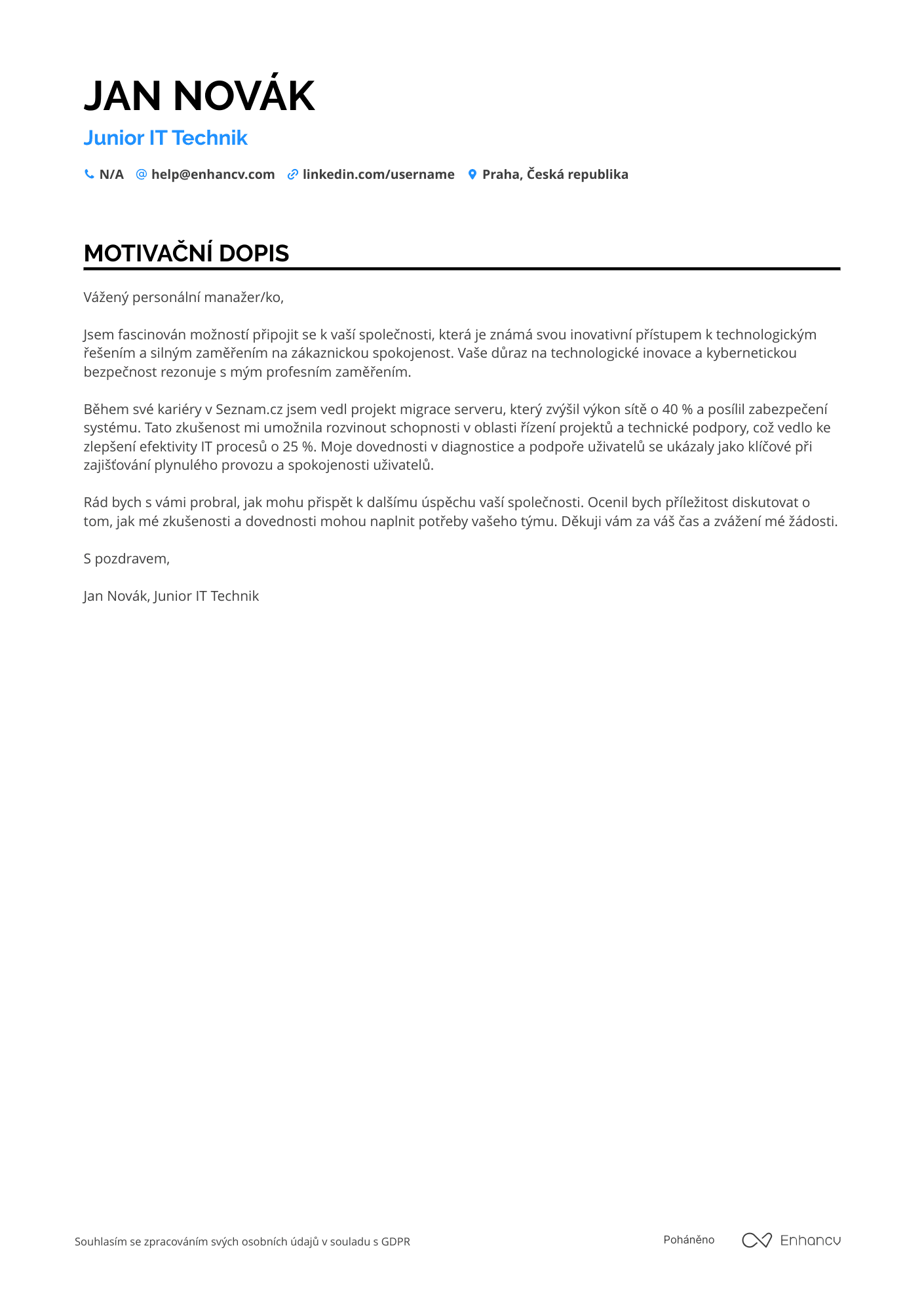 Motivační dopis pro Junior IT Technik Resume Example