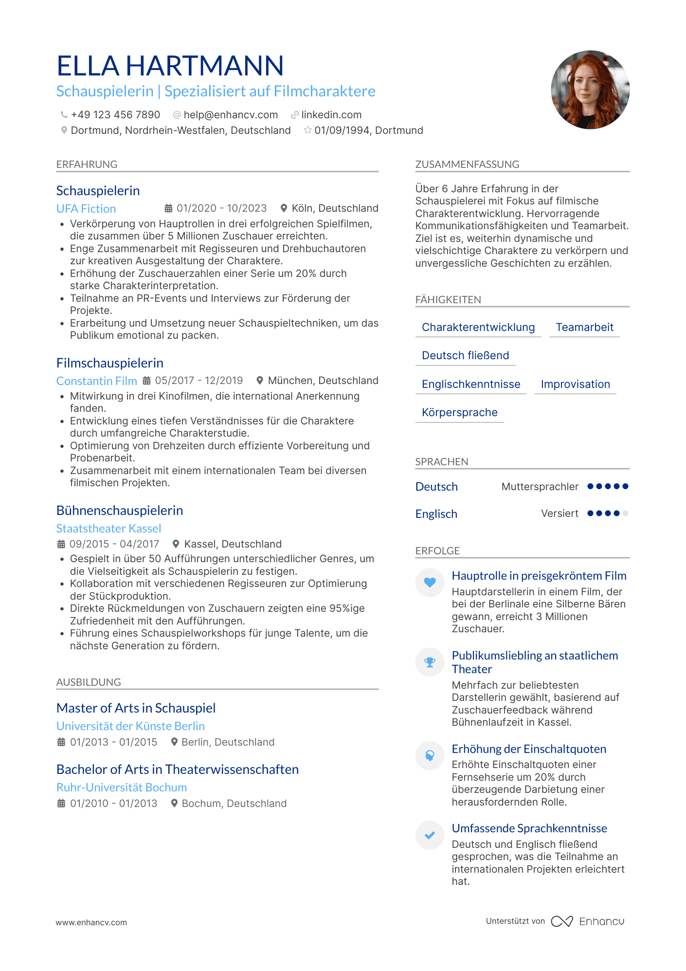 Lebenslauf in Filmindustrie Schauspieler Resume Example