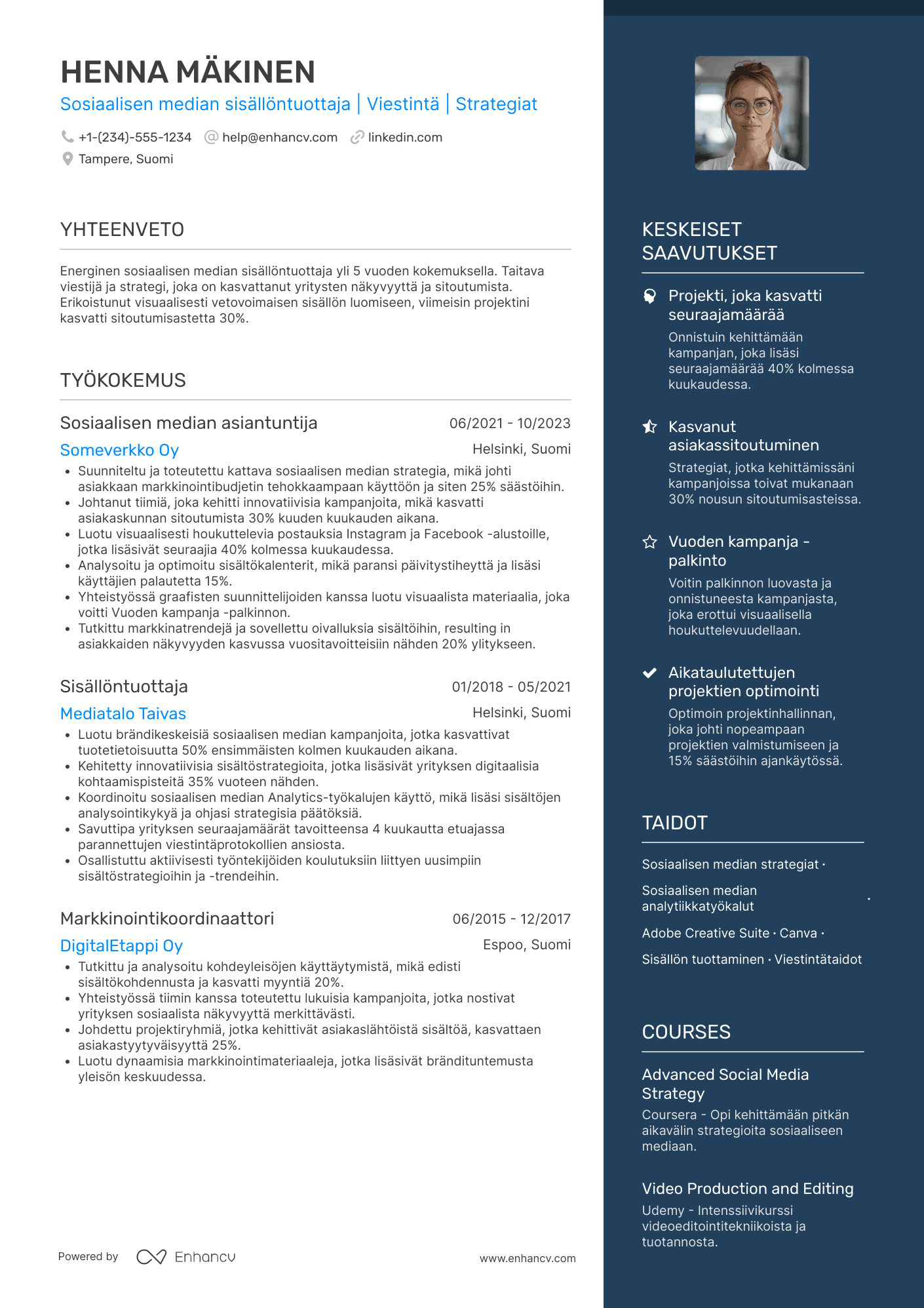 Ansioluettelo Sosiaalisen median sisällöntuottaja Resume Example