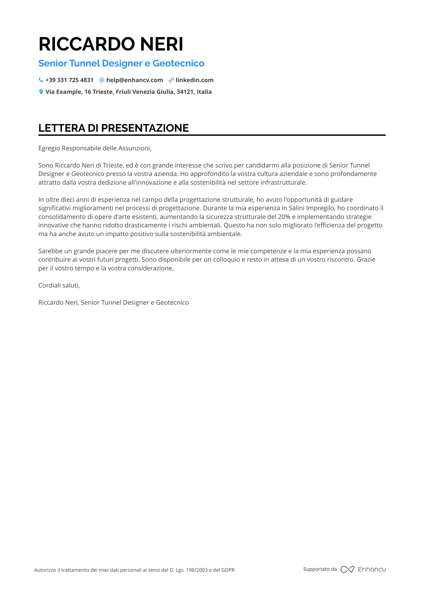 Ingegnere Civile Specializzato in Geotecnica Resume Example
