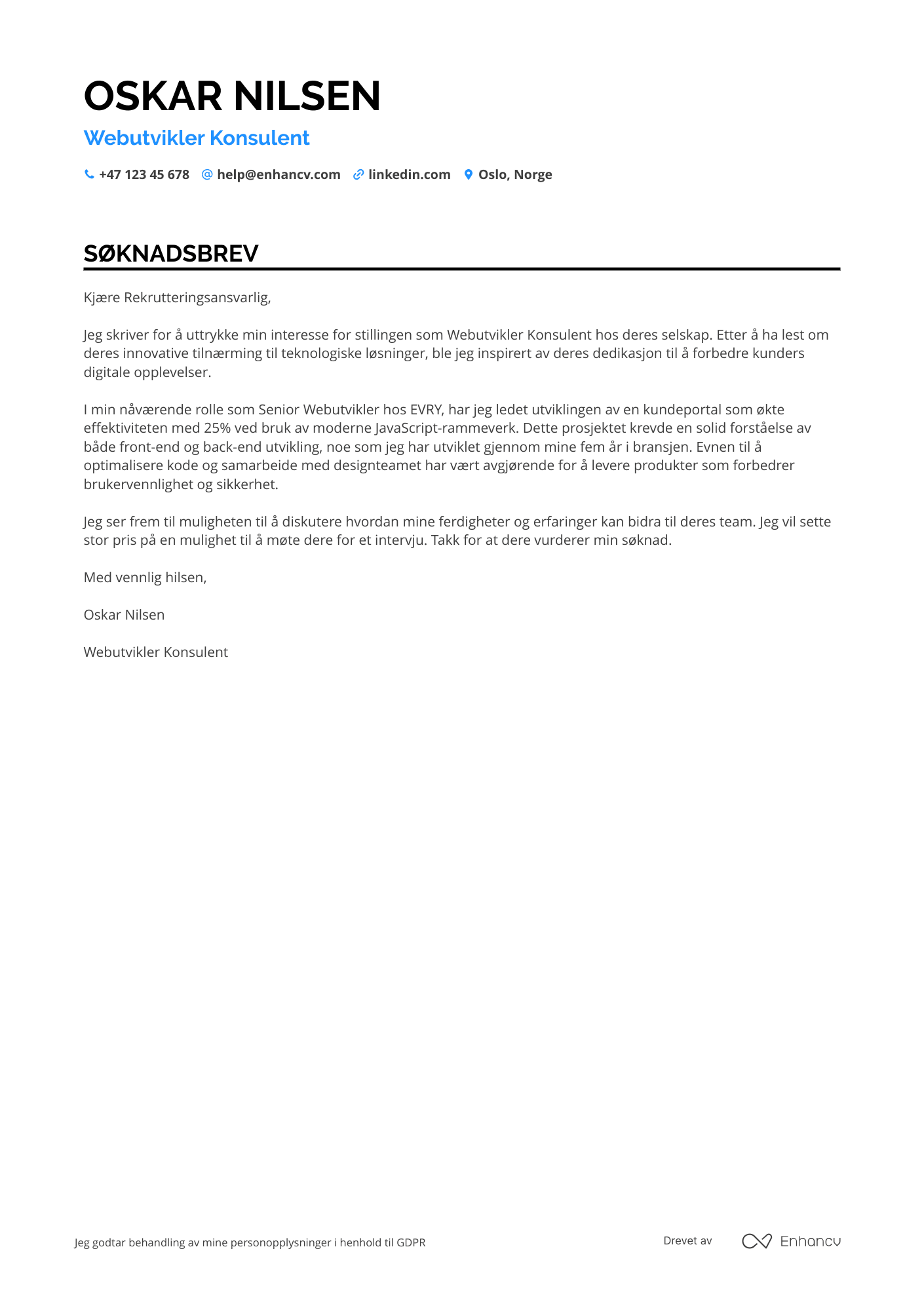 Søknadsbrev for Webutvikler Konsulent Resume Example