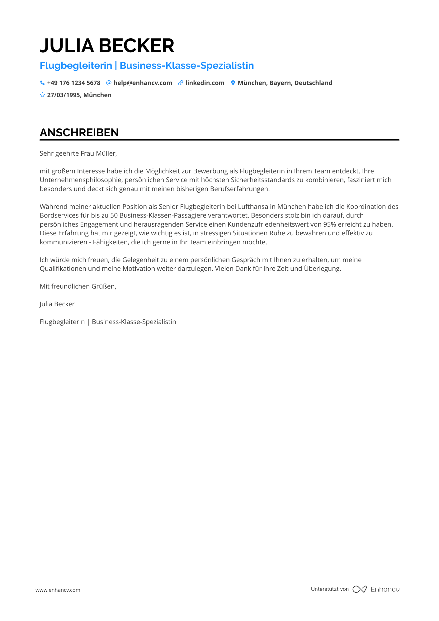 Flugbegleiter in der Business Klasse Resume Example