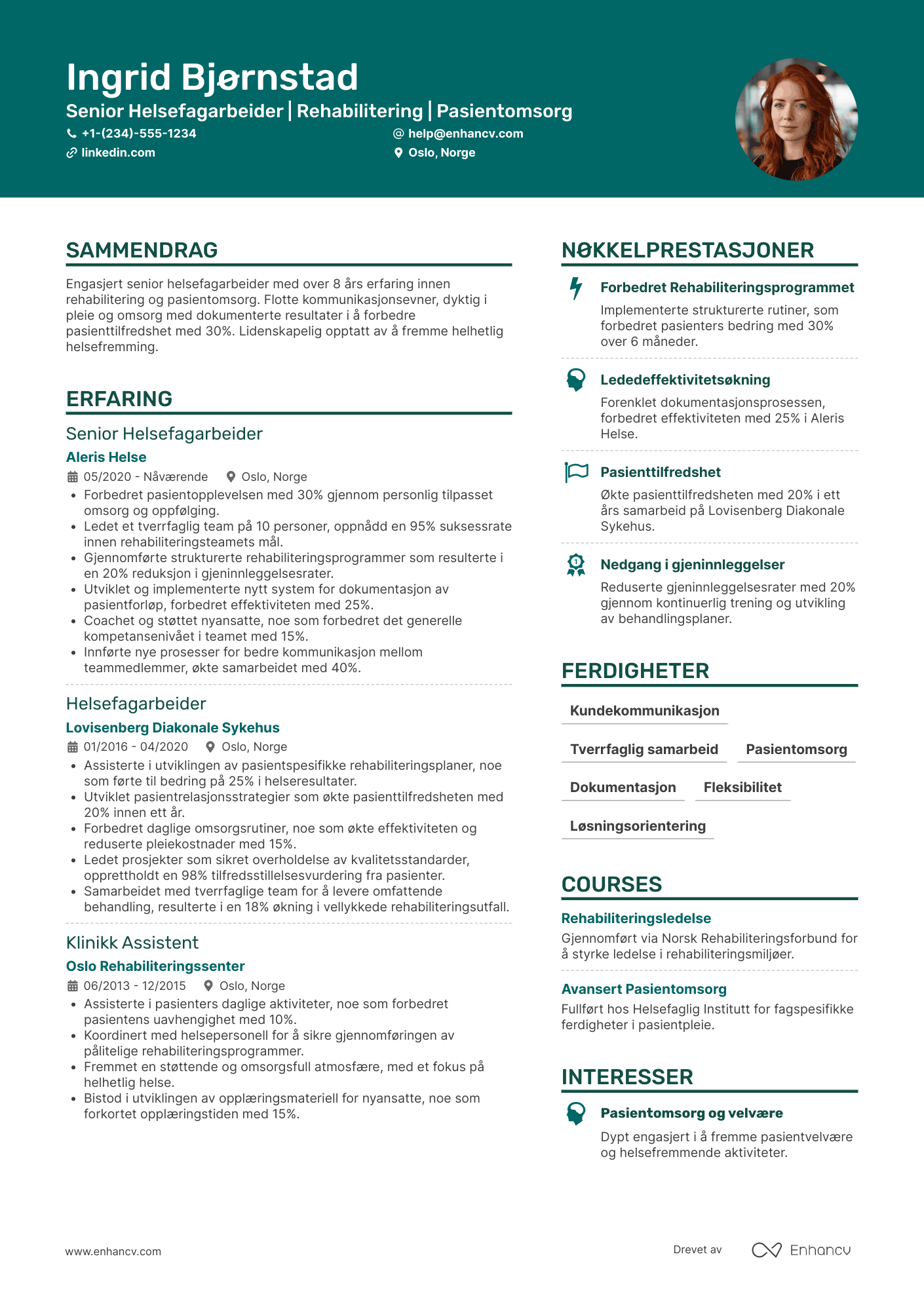 CV for Helsefagarbeider Rehabilitering Resume Example