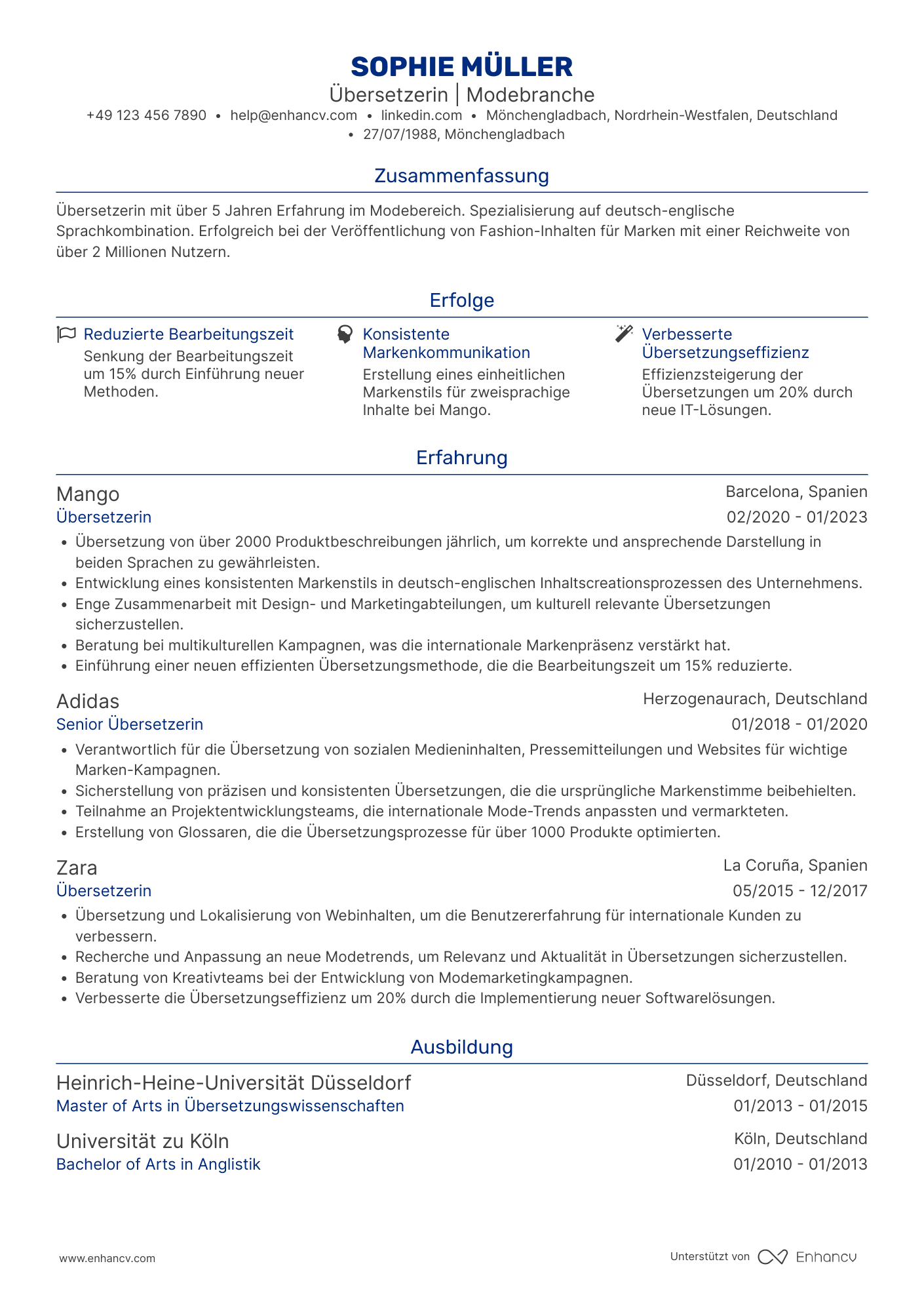Lebenslauf in Übersetzer in der Modebranche Resume Example