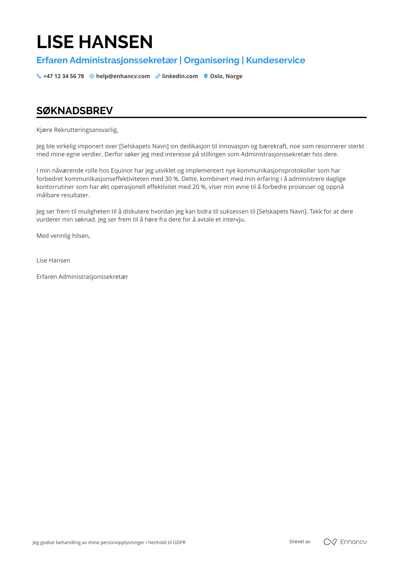 Søknadsbrev for Erfaren Administrasjonssekretær Resume Example