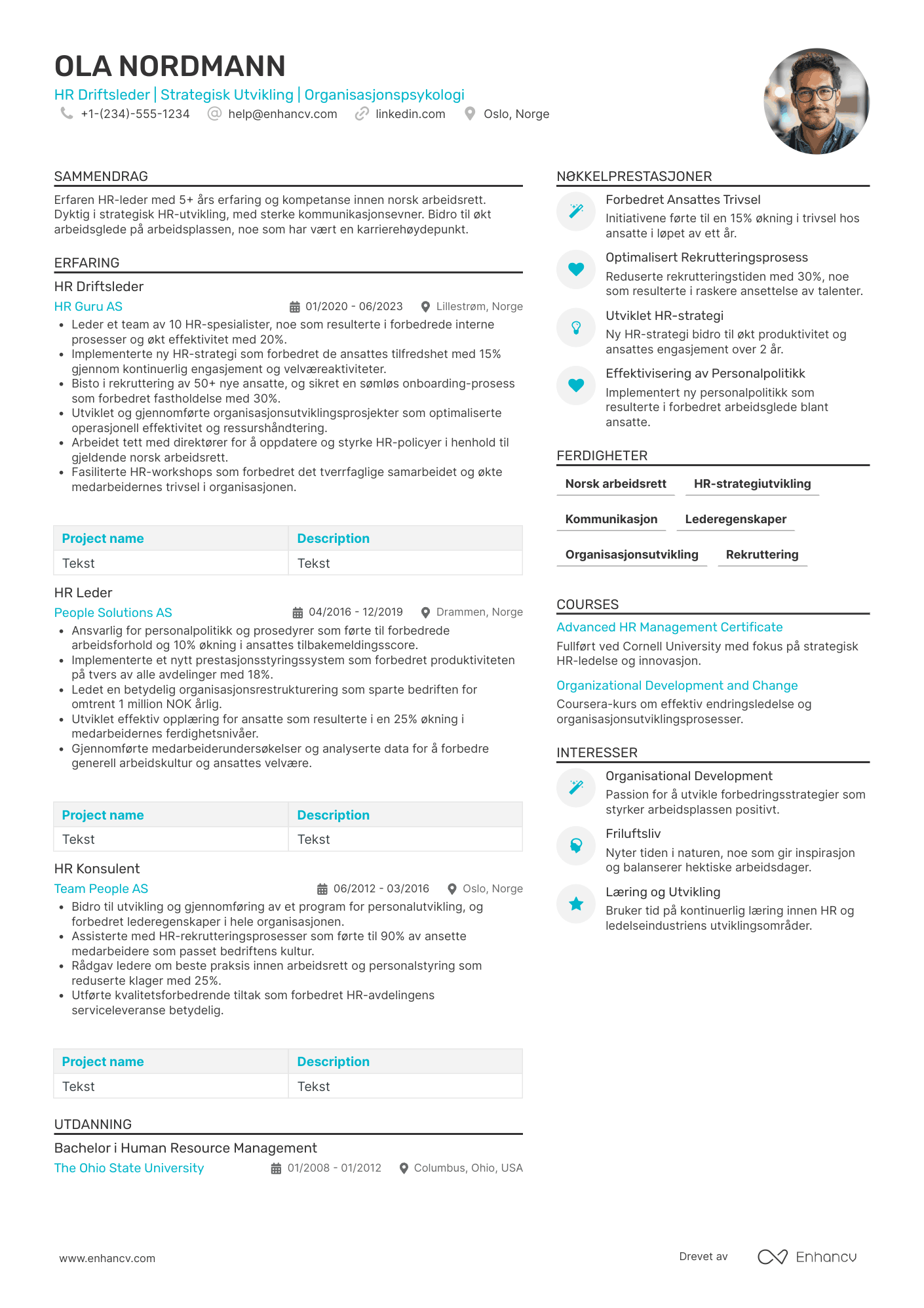 CV for HR Driftsleder Resume Example