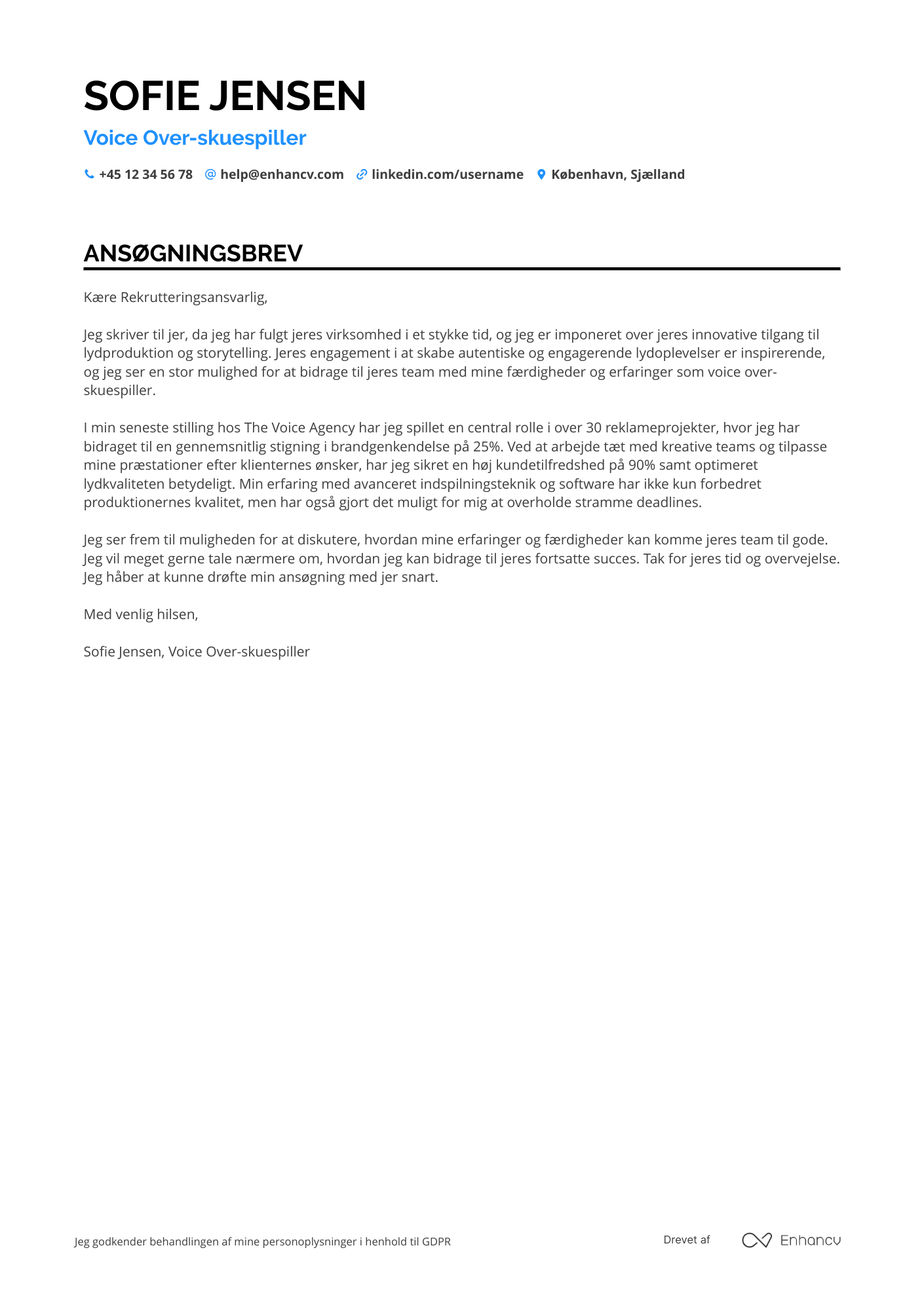 Ansøgningsbrev til Voice Over skuespiller Resume Example