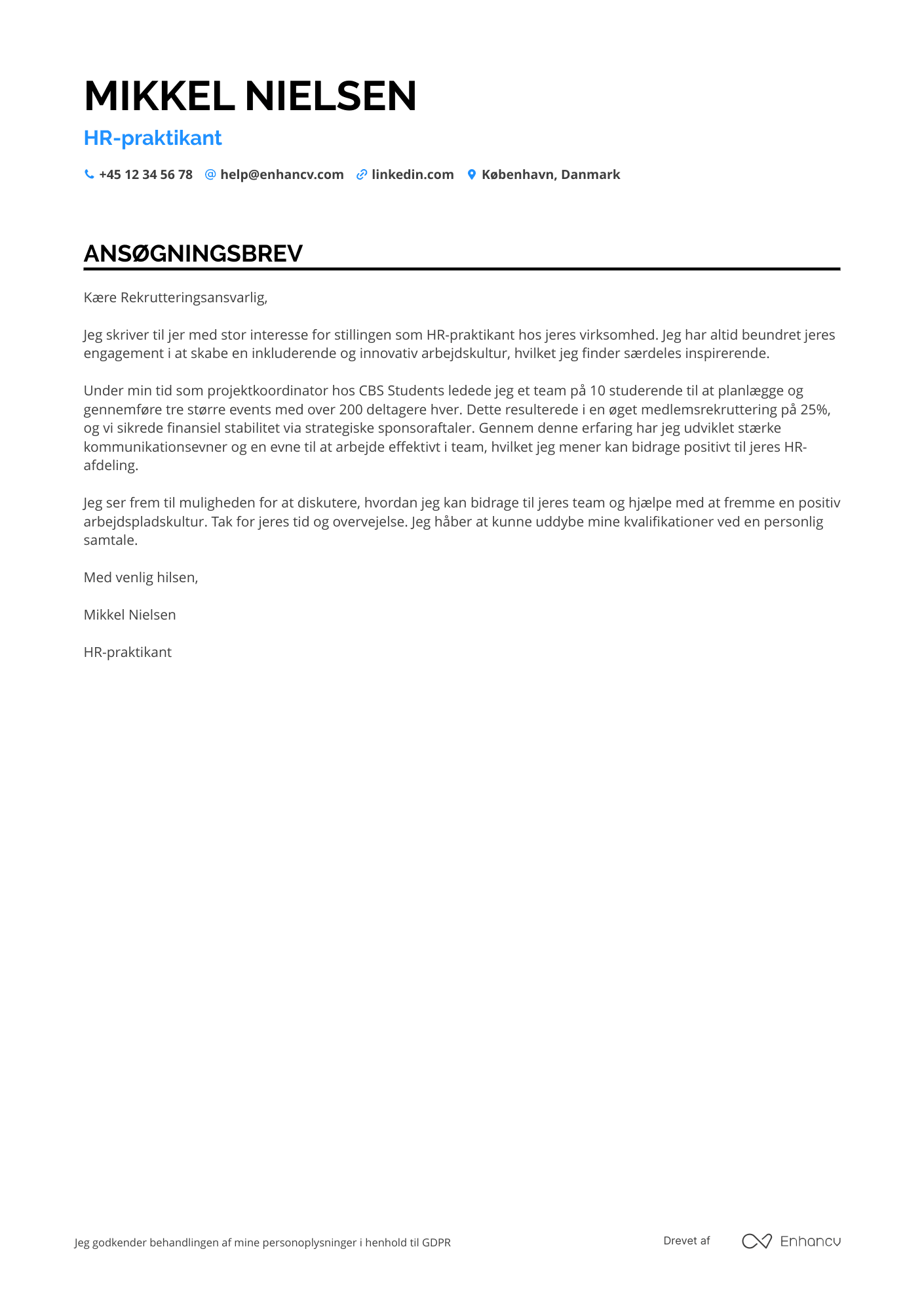 Ansøgningsbrev til HR praktikant Resume Example