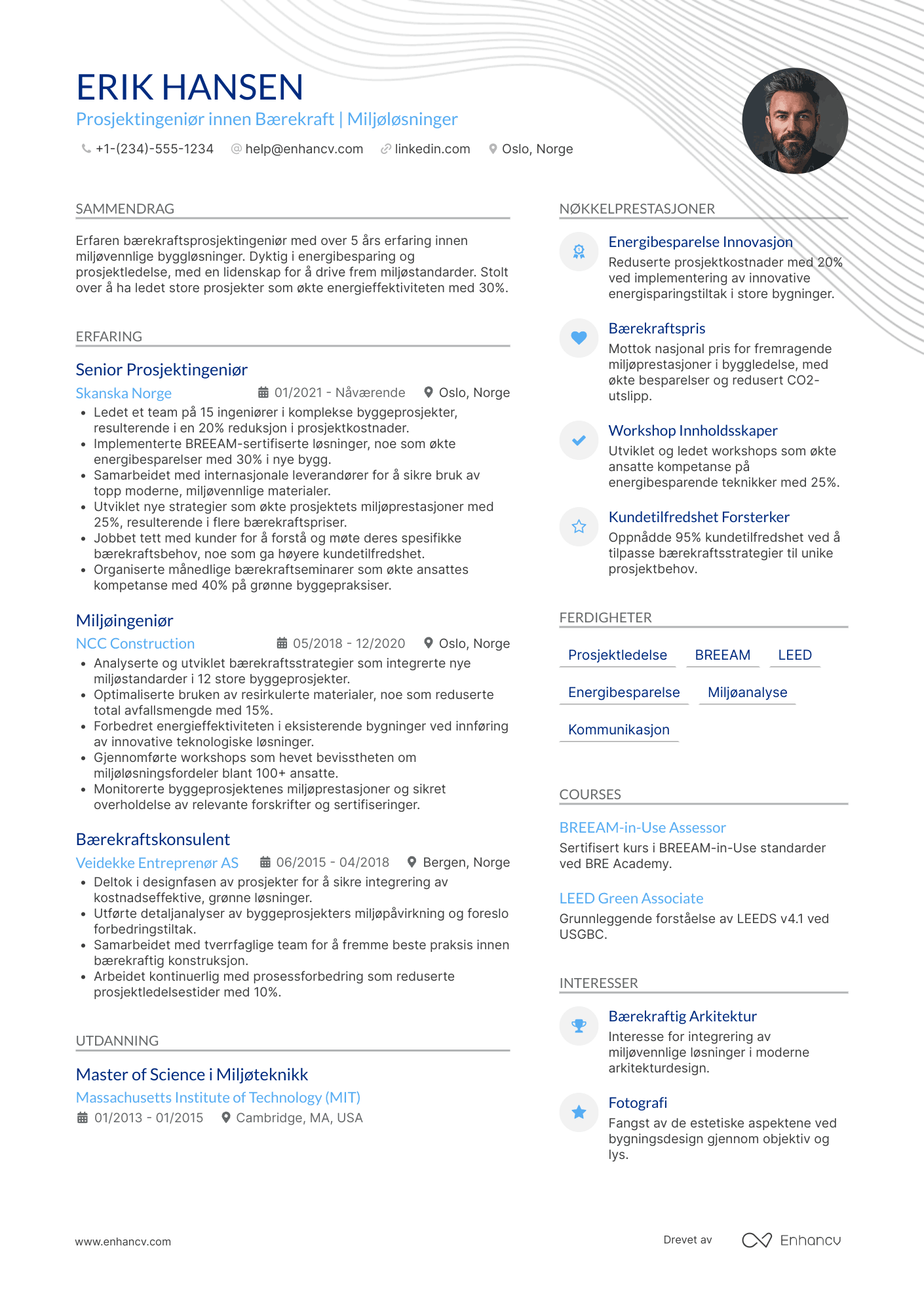 CV for Bærekraftsprosjektingeniør innenfor Bygg Resume Example