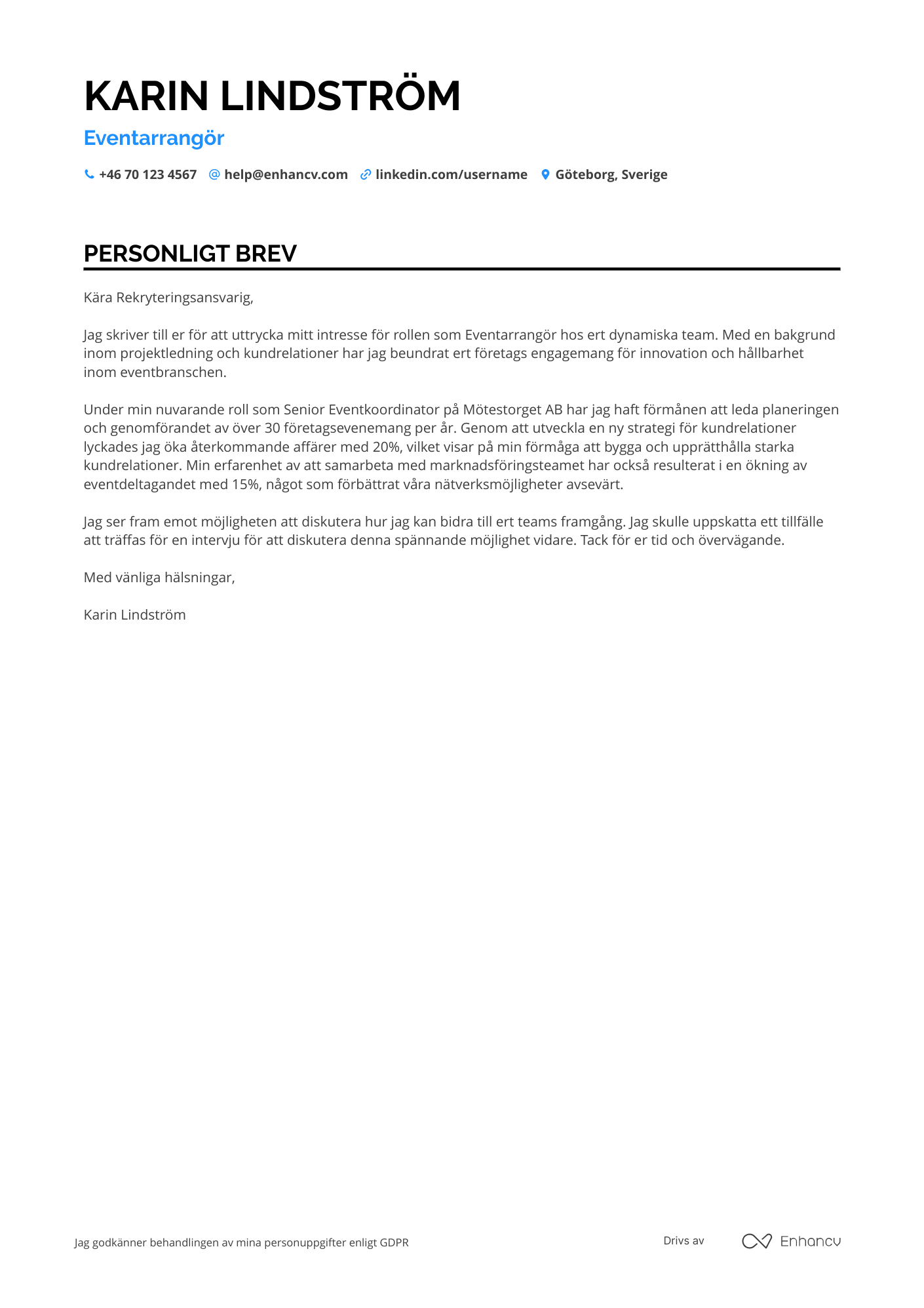 Personligt brev för Eventarrangör projektledare Resume Example