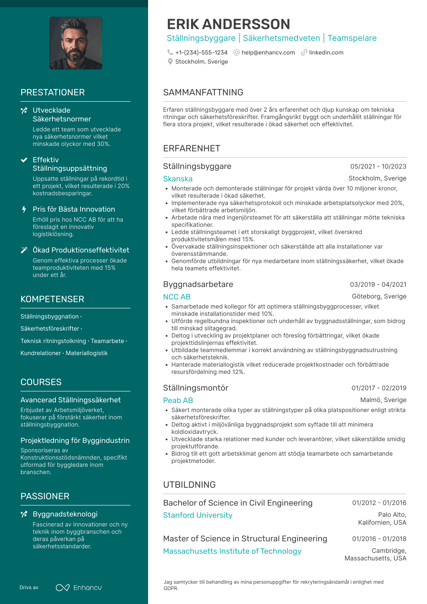 CV för Byggnadsarbetare Ställningsbyggare Resume Example