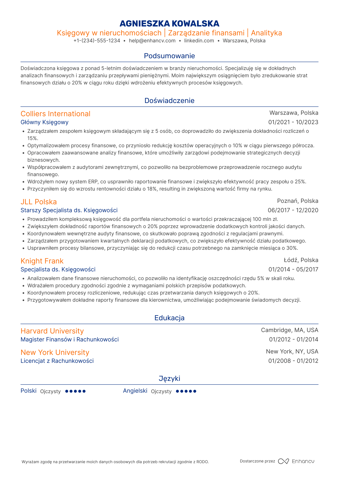 CV dla Księgowy w nieruchomościach Resume Example