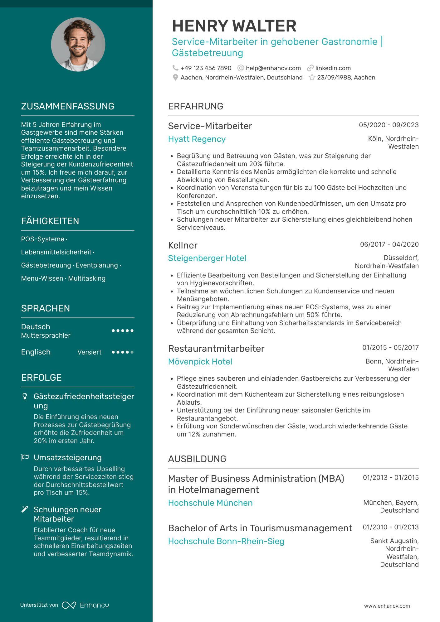 Lebenslauf als Hotel Kellner Resume Example