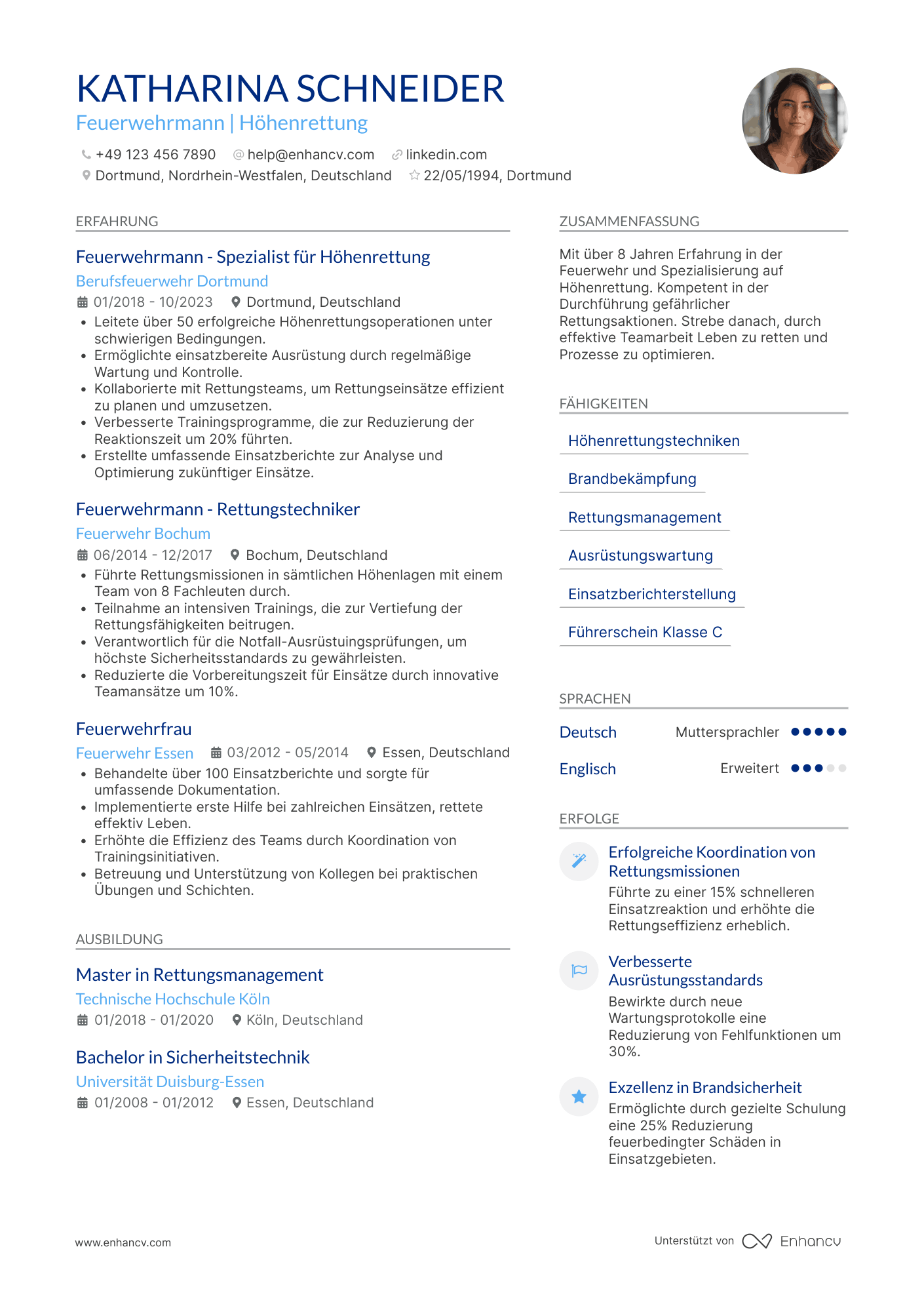 Lebenslauf als Feuerwehrmann für Höhenrettung Resume Example