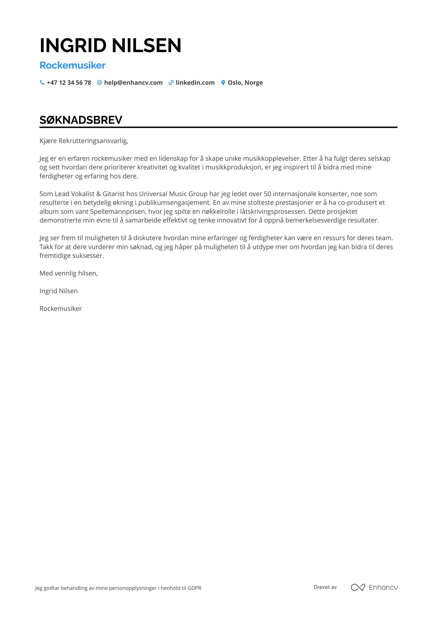 Søknadsbrev for Rockemusiker Resume Example