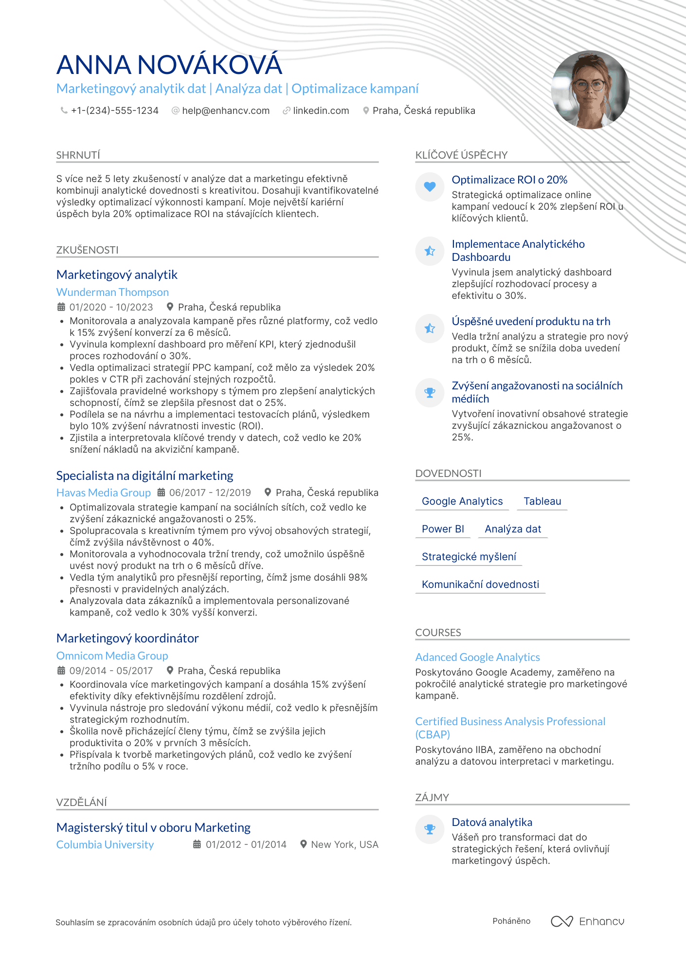 Životopis pro Marketingový analytik dat Resume Example