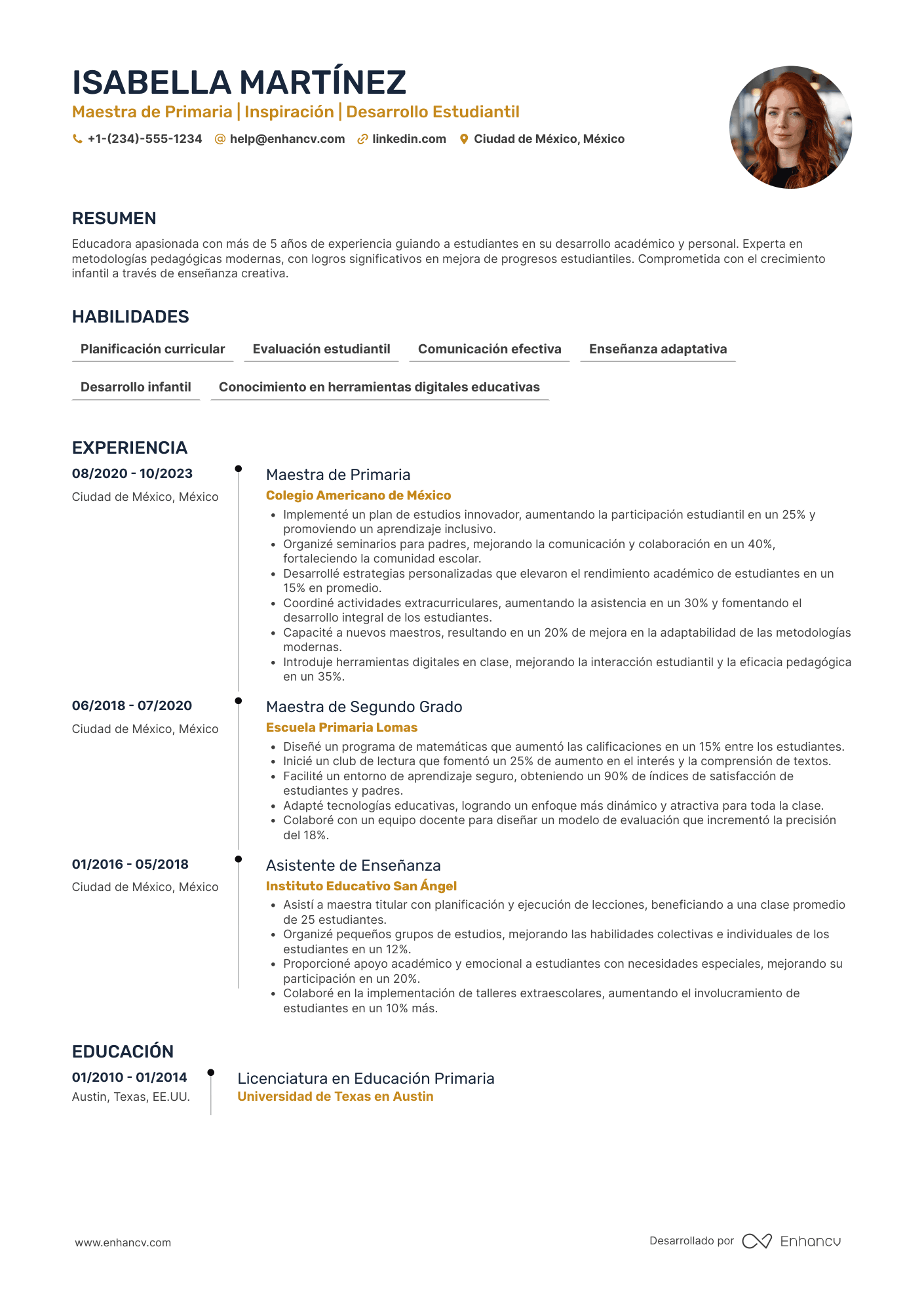 Ejemplo de currículum para maestra de primaria Resume Example