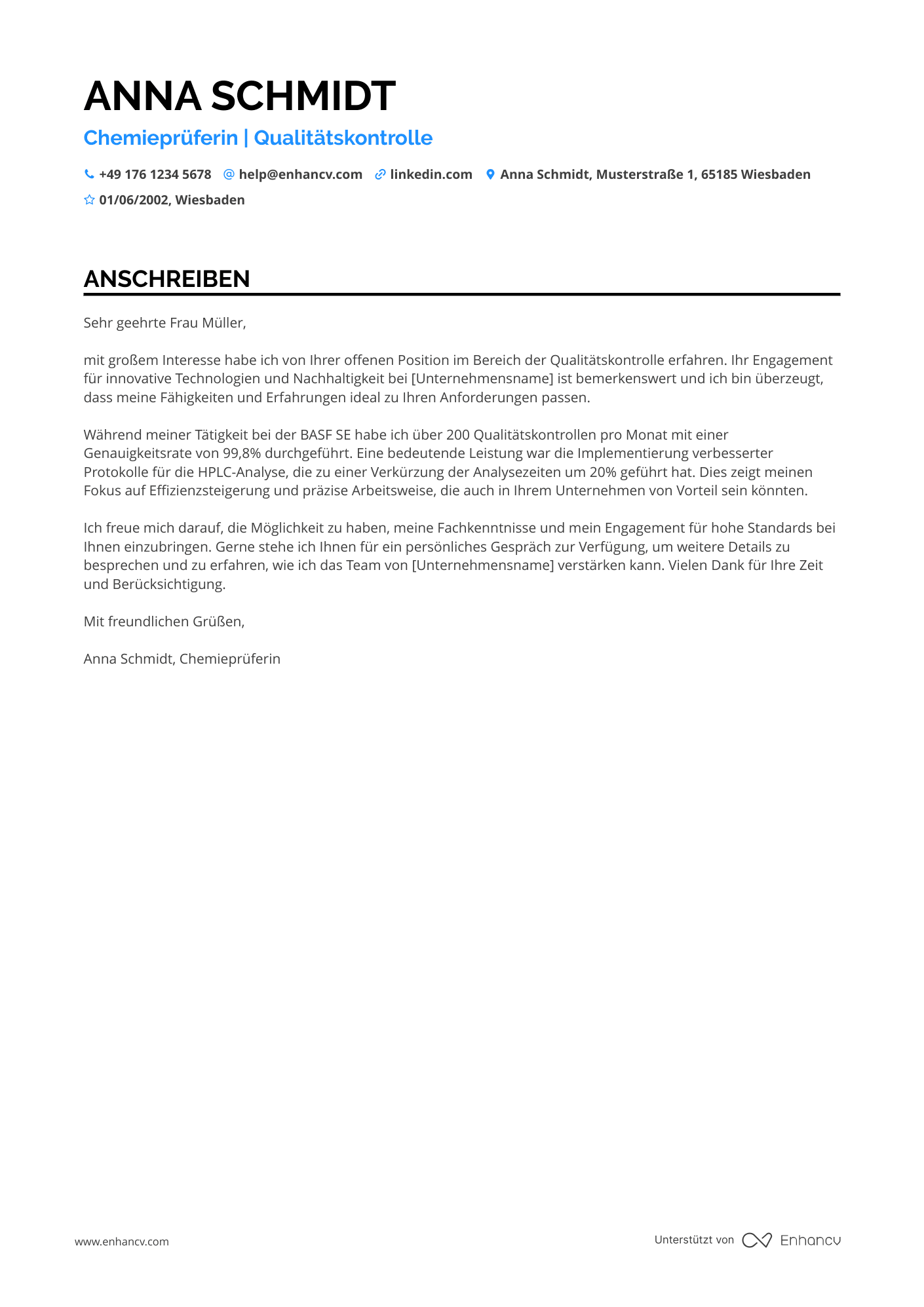 Prüfer in der Chemieindustrie Resume Example