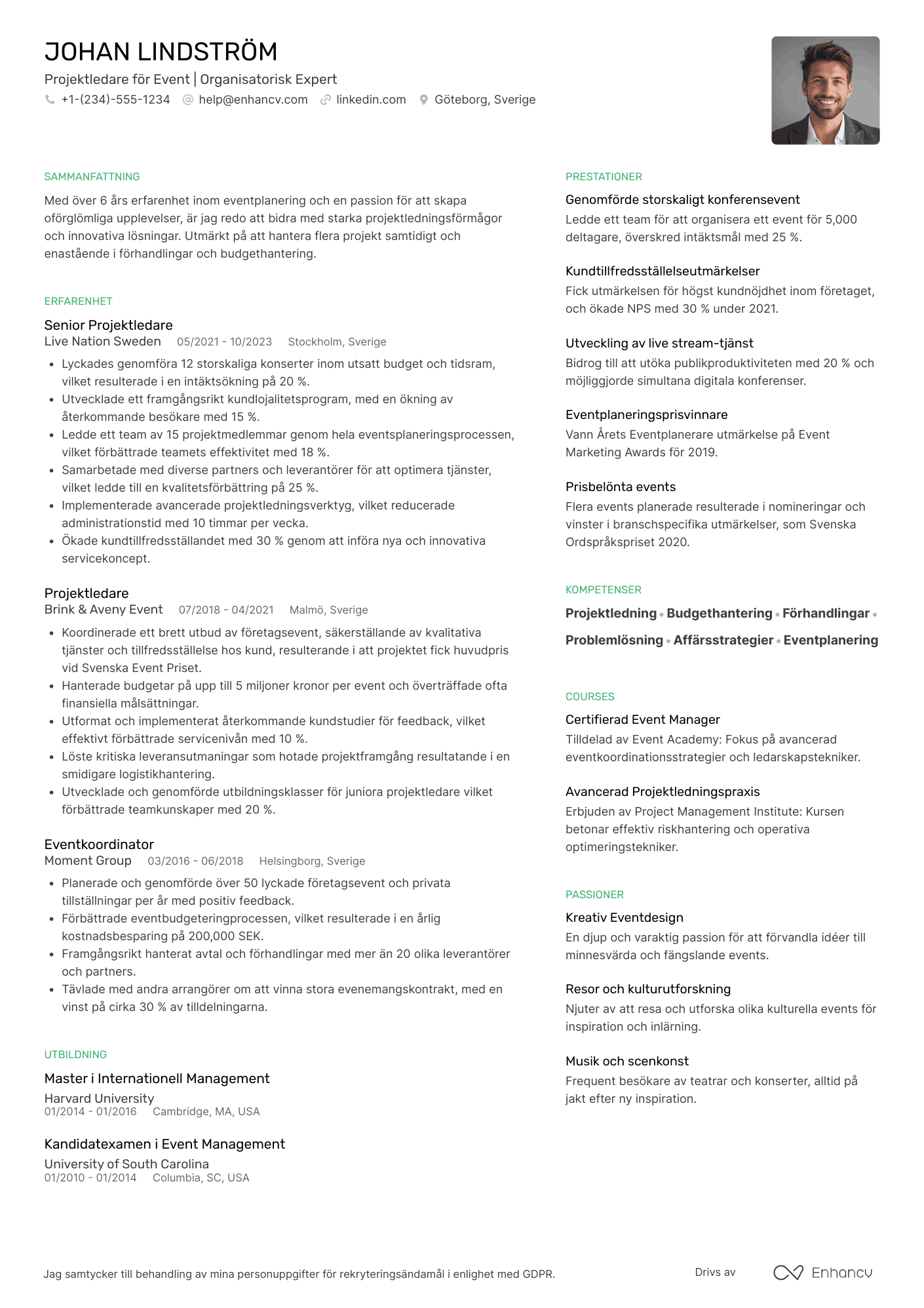 CV för Projektledare för event Resume Example