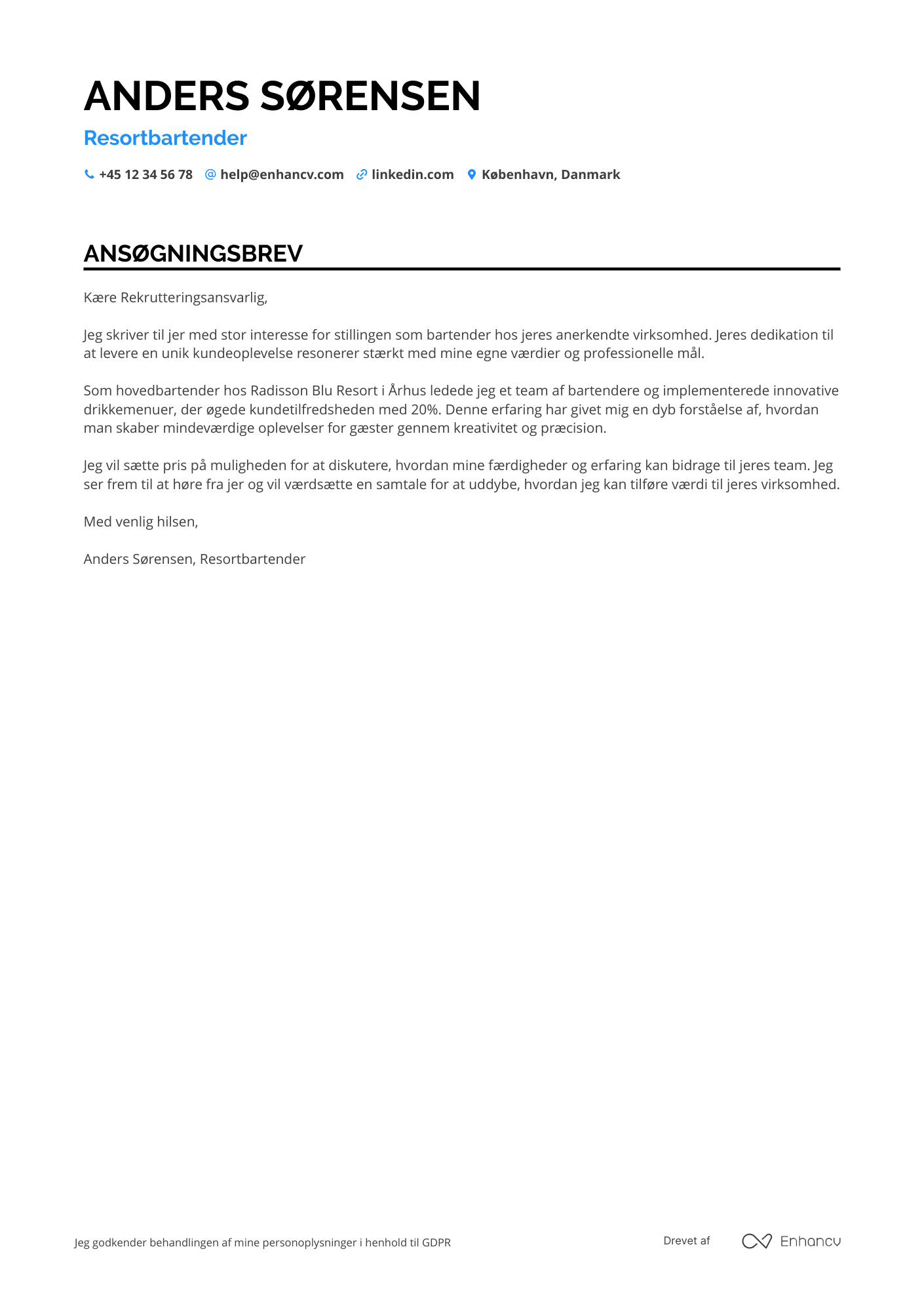 Ansøgningsbrev til Resortbartender Resume Example