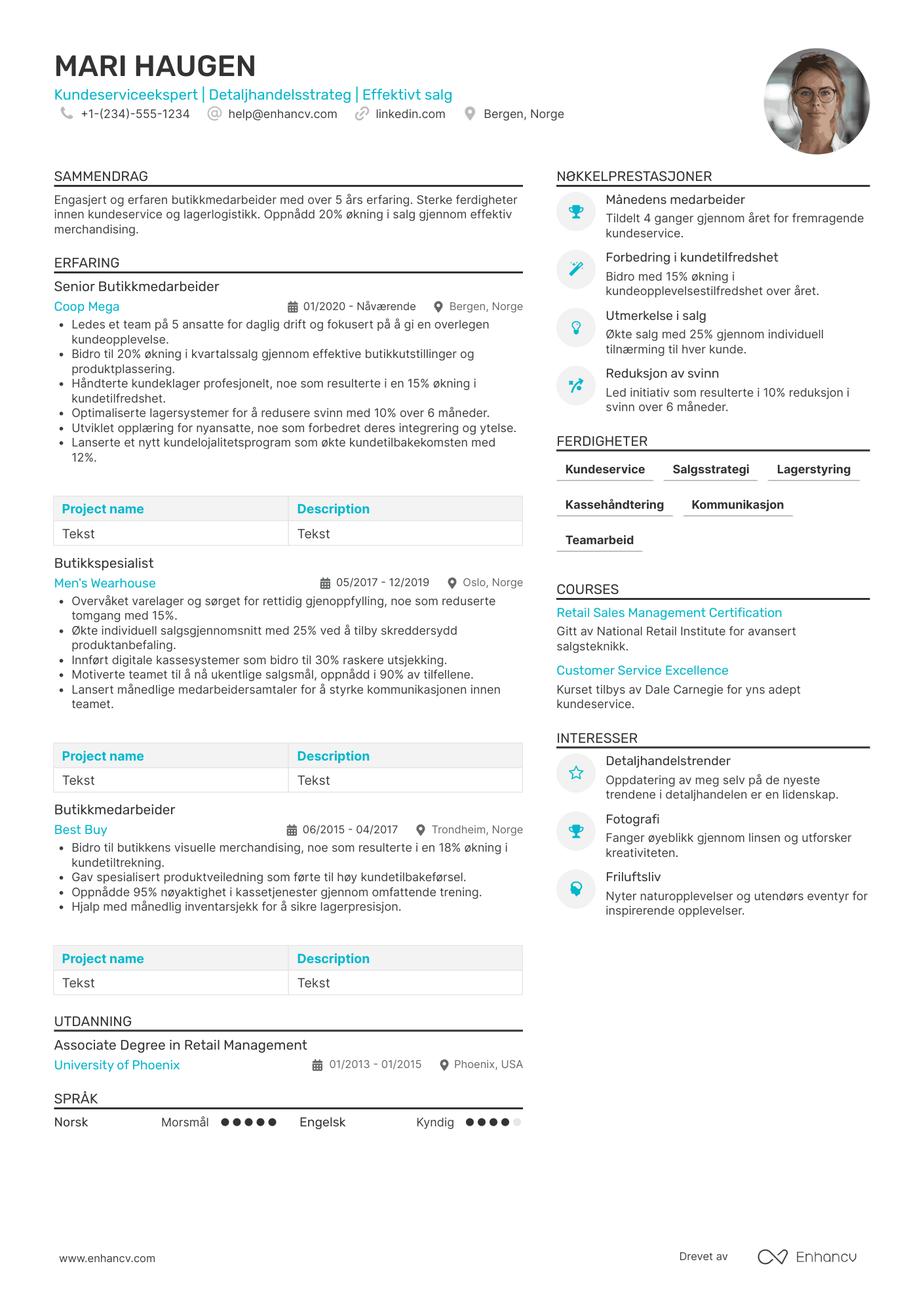 CV for Butikkmedarbeider erfaren Resume Example