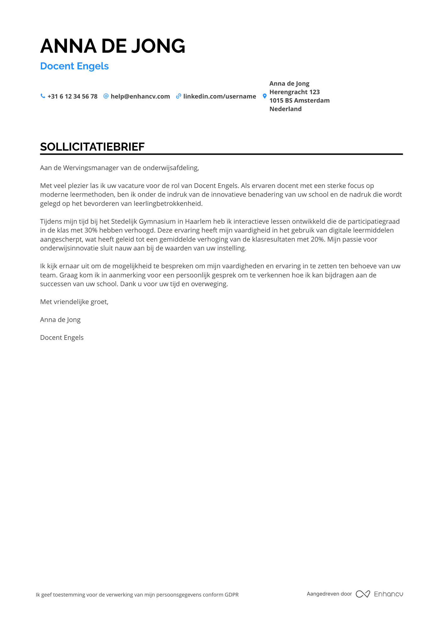 Sollicitatiebrief voor Docent Voortgezet Onderwijs Engels Resume Example