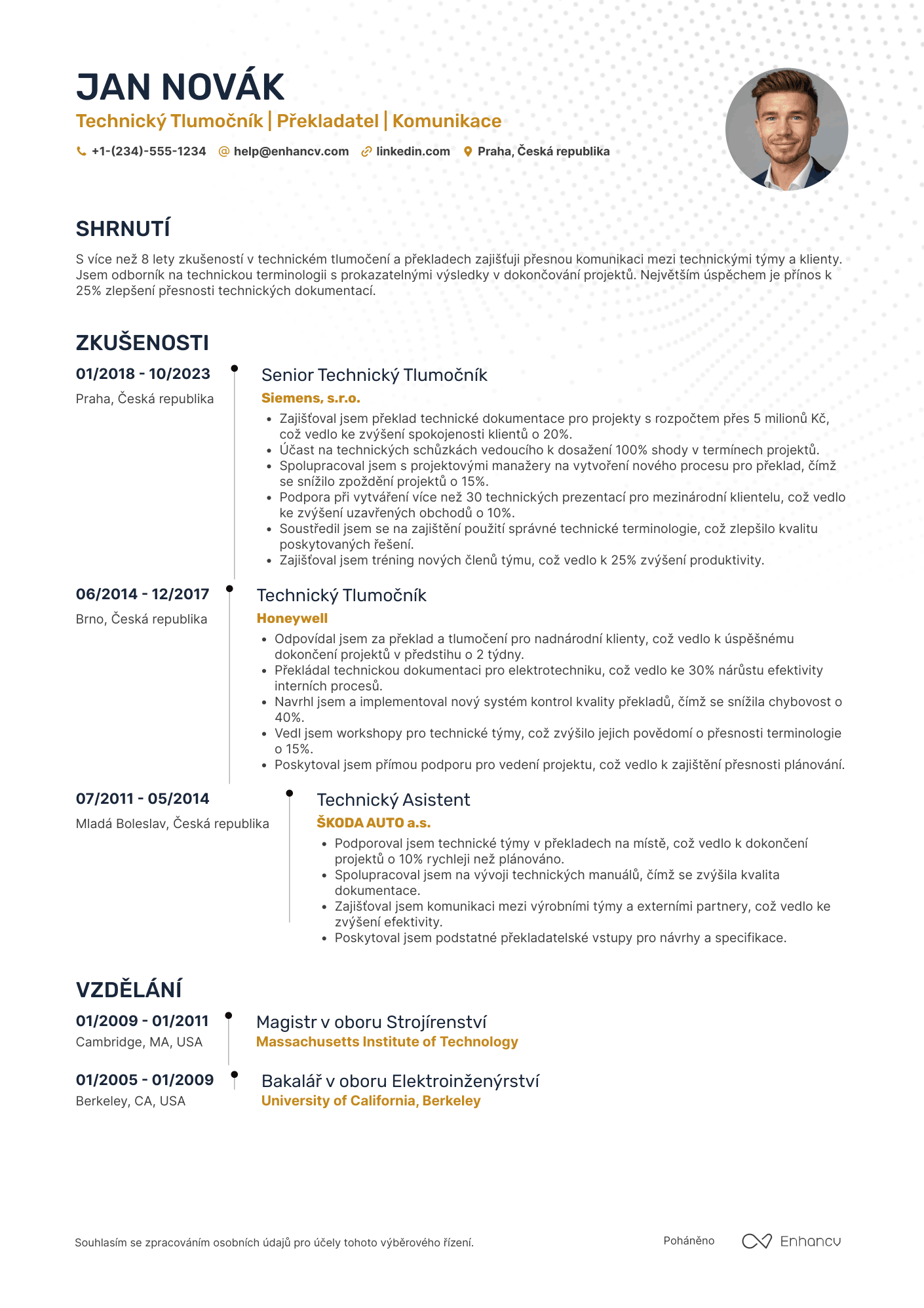 Životopis pro Technický Tlumočník Resume Example