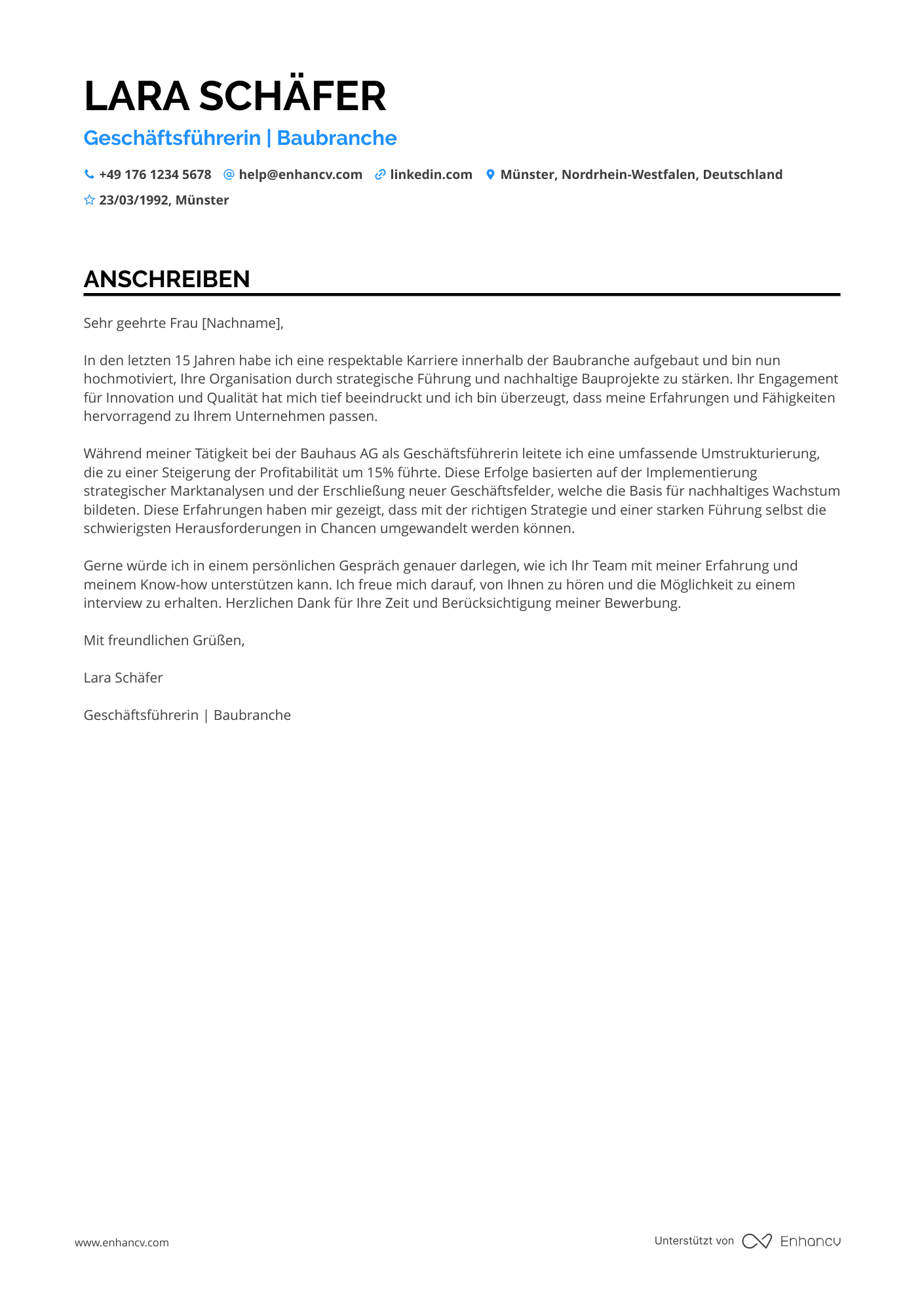 Geschäftsführer in der Baubranche Resume Example