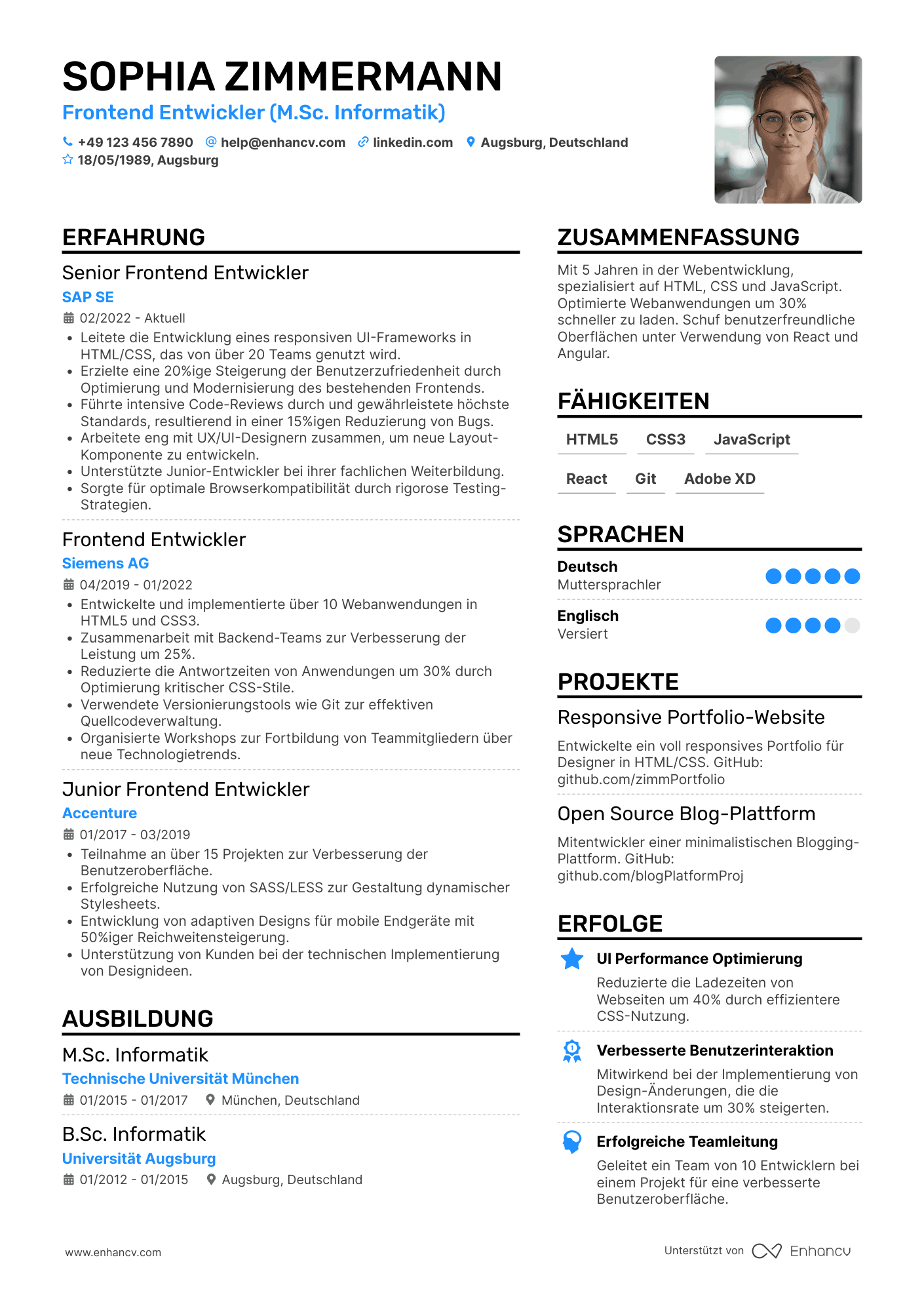 Lebenslauf als Frontend Entwickler für HTML/CSS Resume Example
