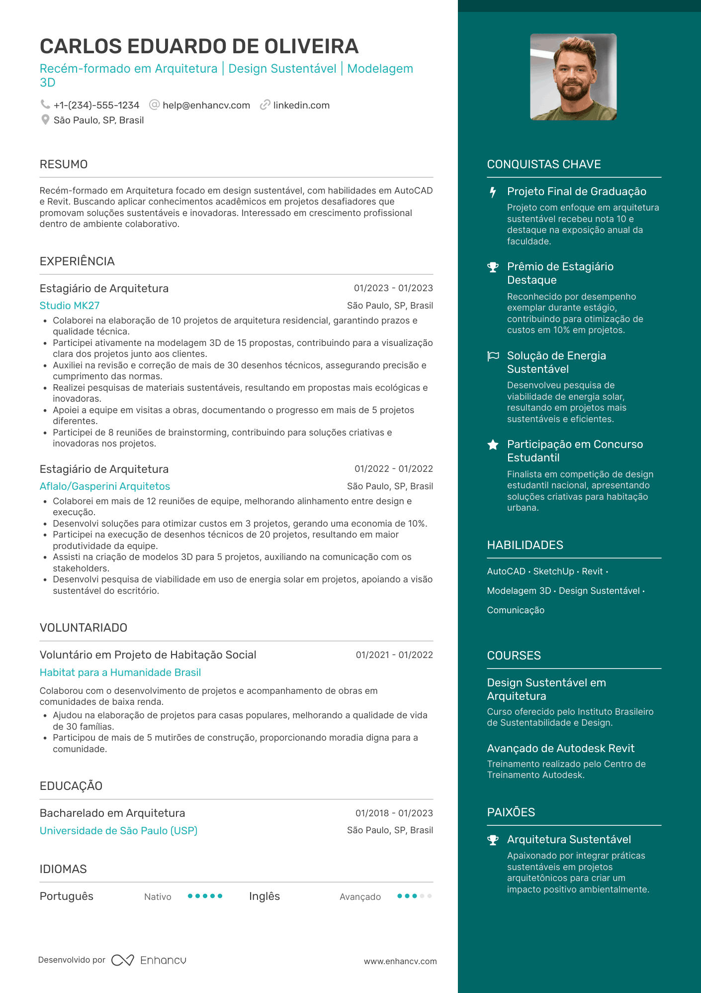 Currículo para recém formados em Arquitetura Resume Example