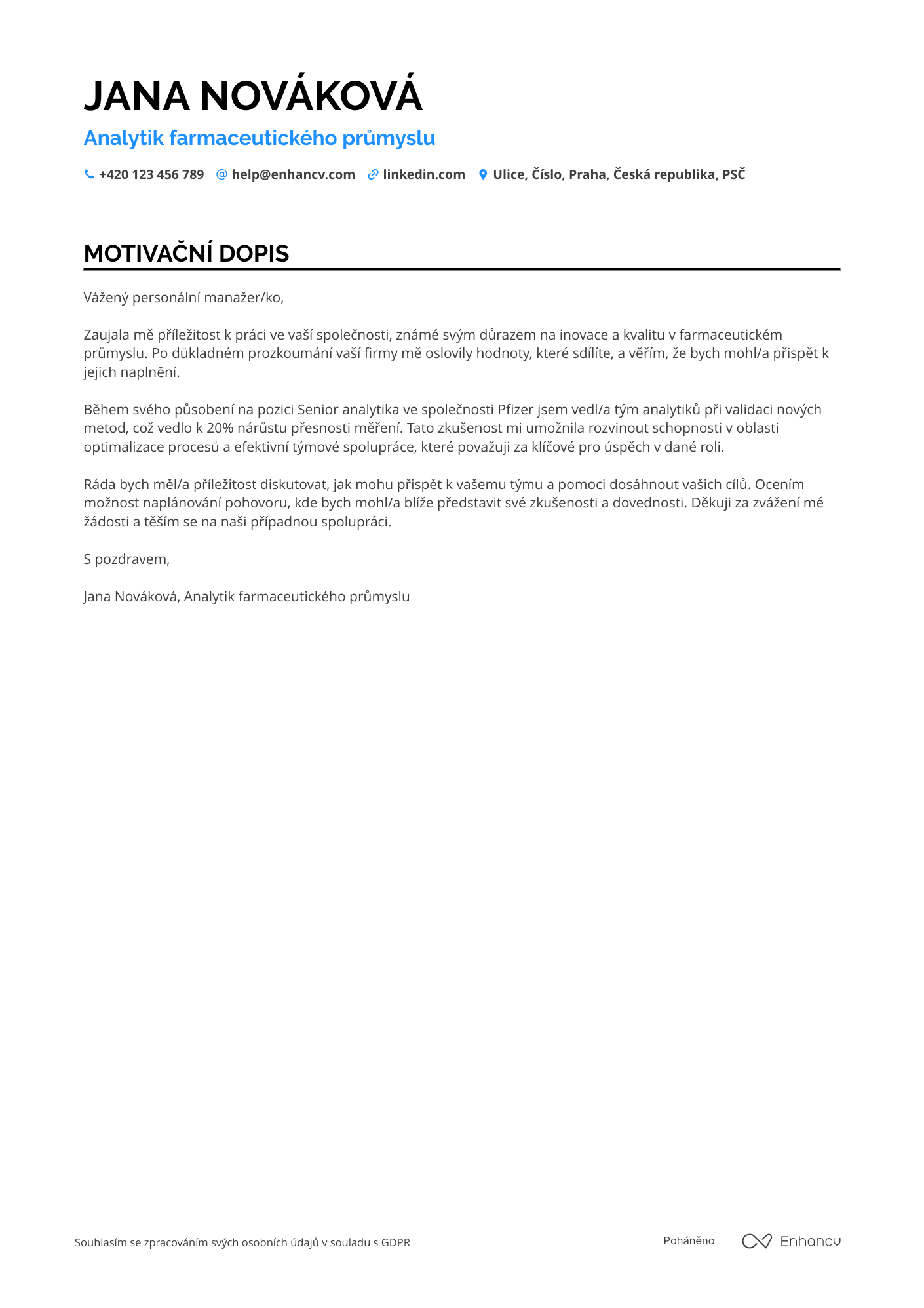 Motivační dopis pro Analyste Pharmaceutique Resume Example
