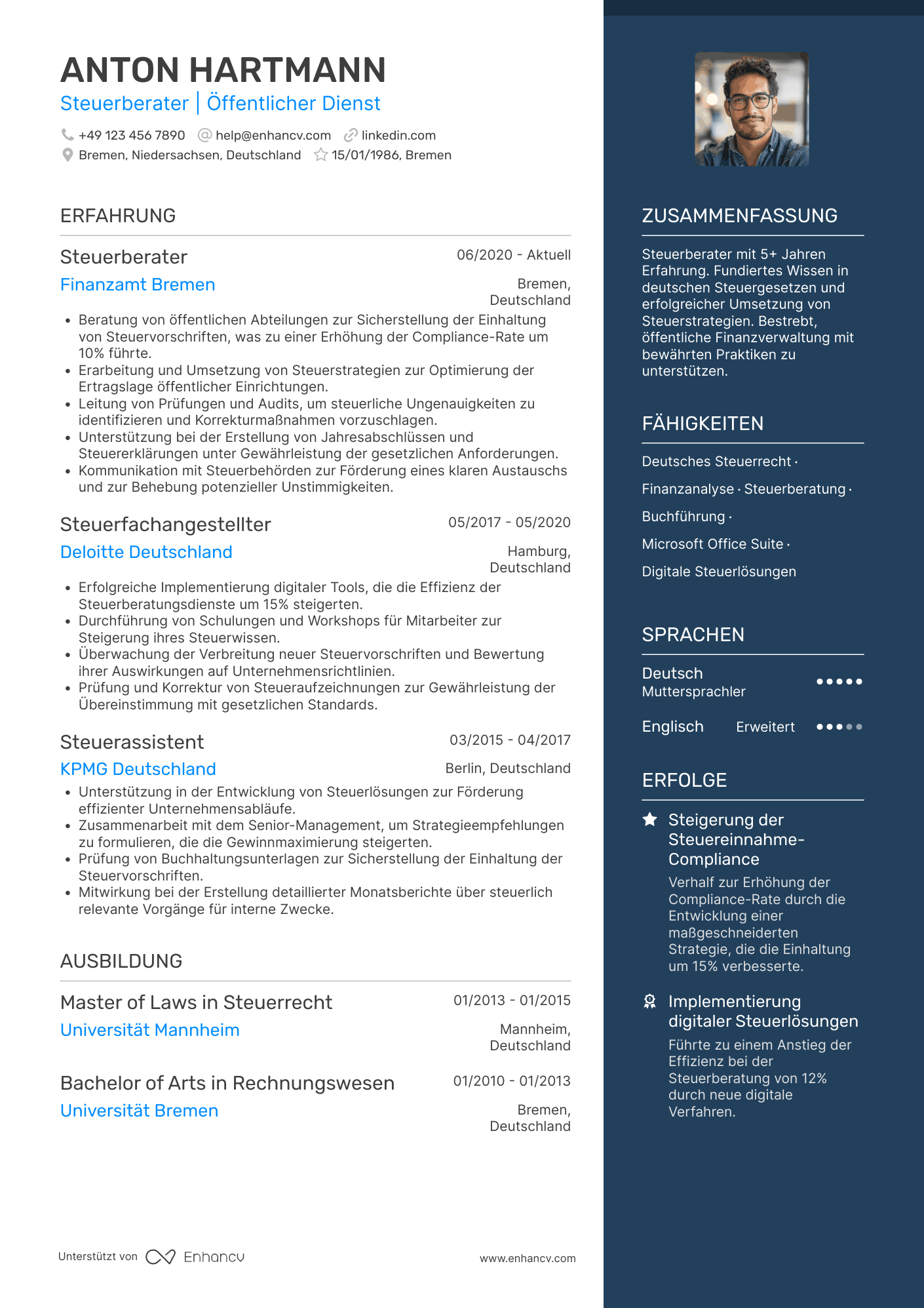 Lebenslauf in Steuerberater im öffentlichen Dienst Resume Example