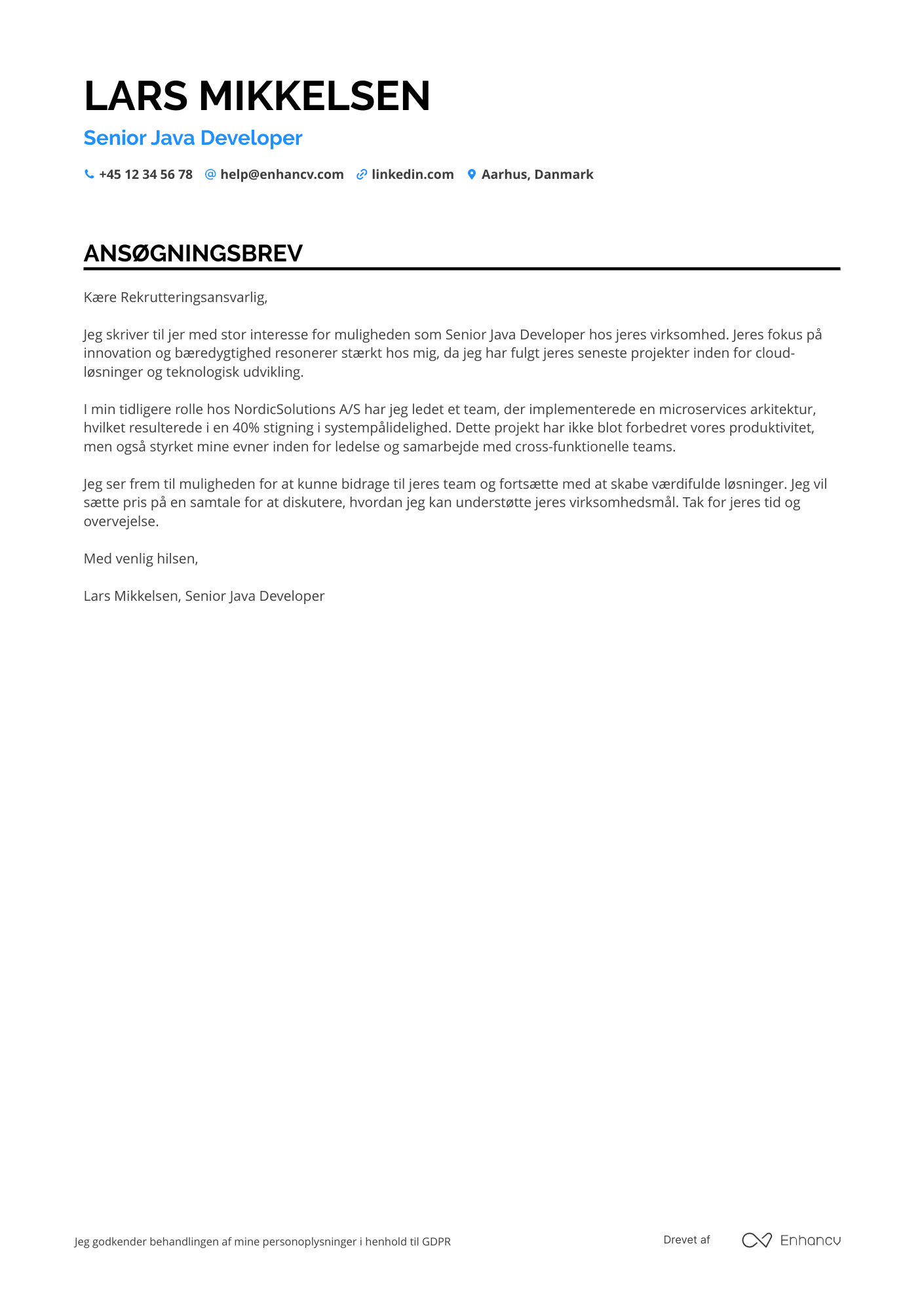 Ansøgningsbrev til Senior Java Udvikler Resume Example